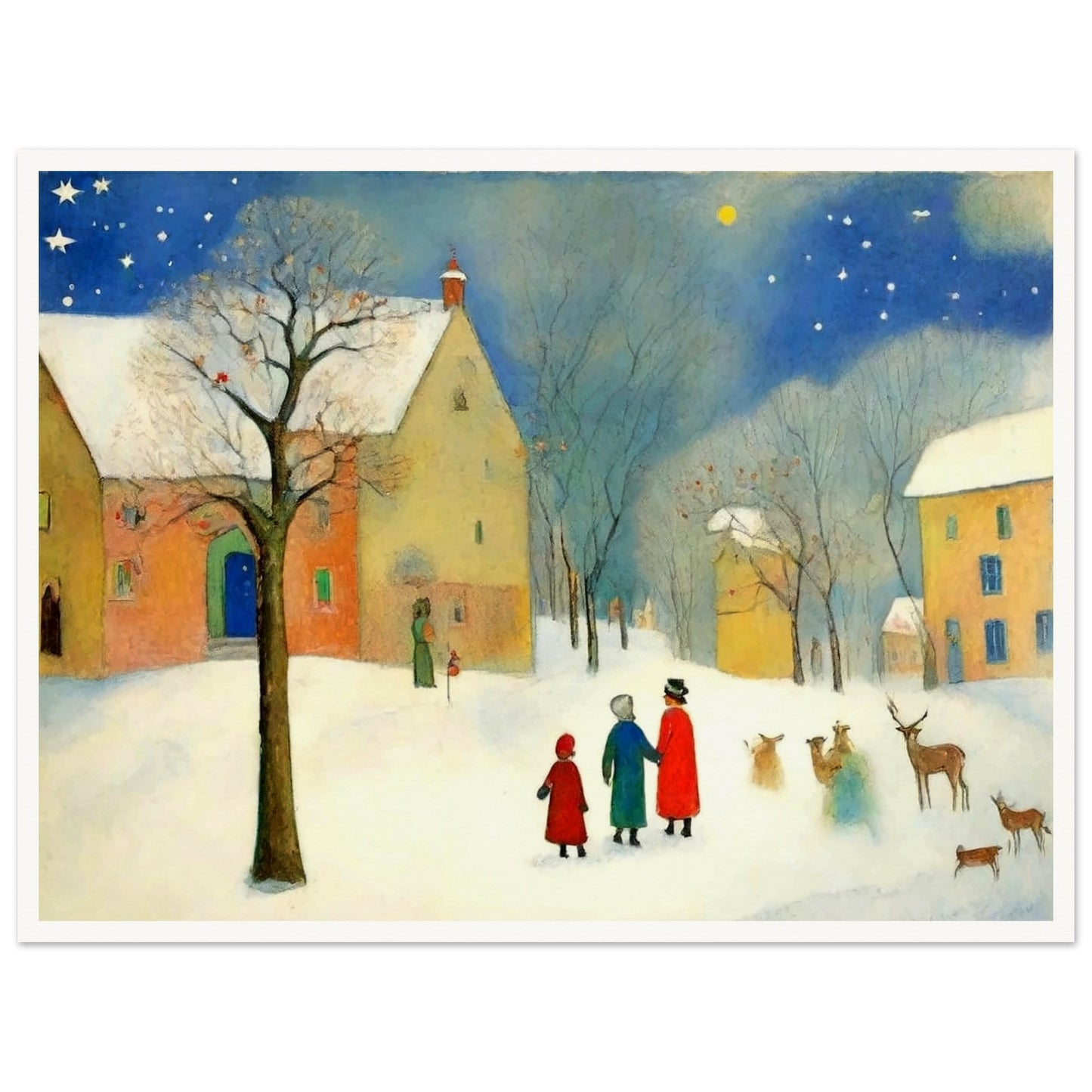 "A whimsical winter scene featuring families and deer in a snow-covered village under a starry sky, with warm-lit houses in the background."