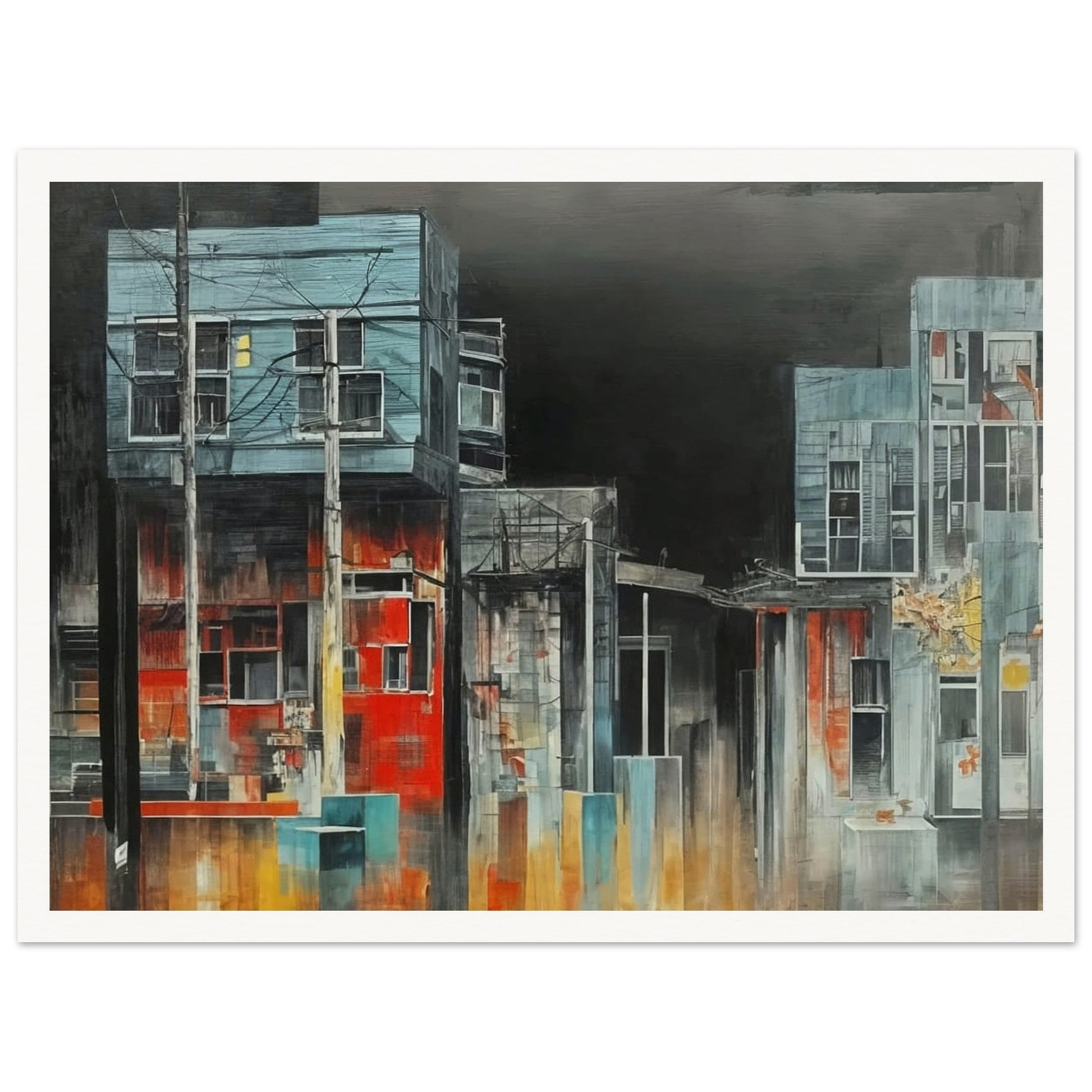 A moody urban scene depicting weathered buildings and power lines against a dark, ominous sky, highlighting urban decay.