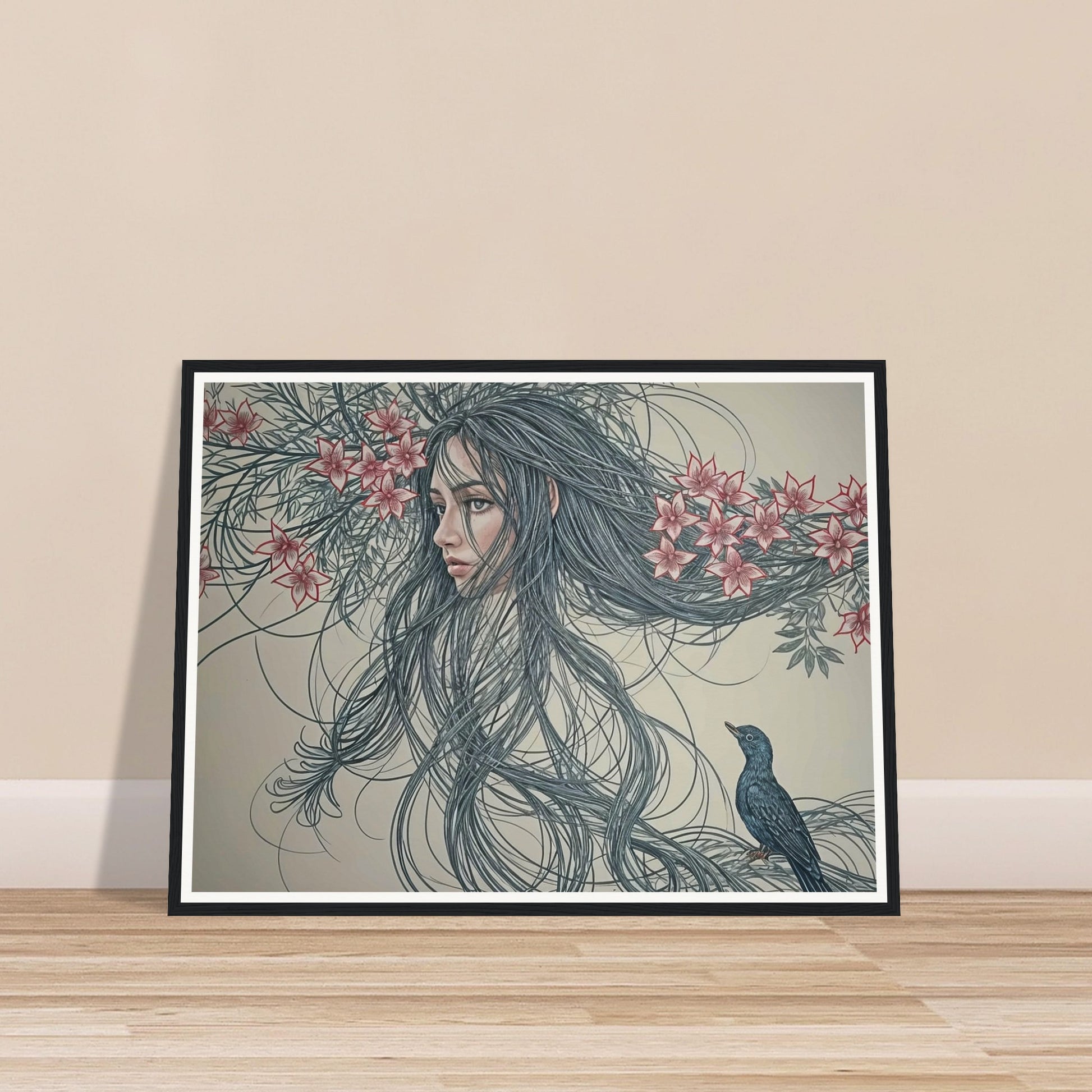 A surreal painting depicting a woman's face intertwined with long flowing hair and flowers, accompanied by a small bird.