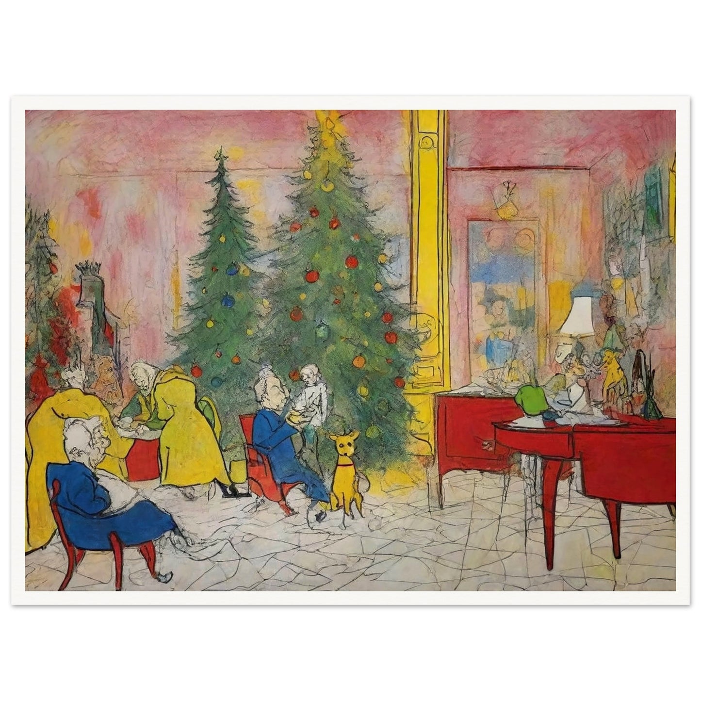 A cozy holiday scene featuring family members and pets gathered around a decorated Christmas tree in a colorful living room, capturing the warmth and joy of the season.