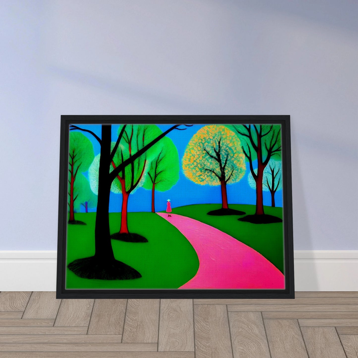 Minimalist landscape with neon green trees, blue sky, and a lone woman walking along a winding bright pink path.