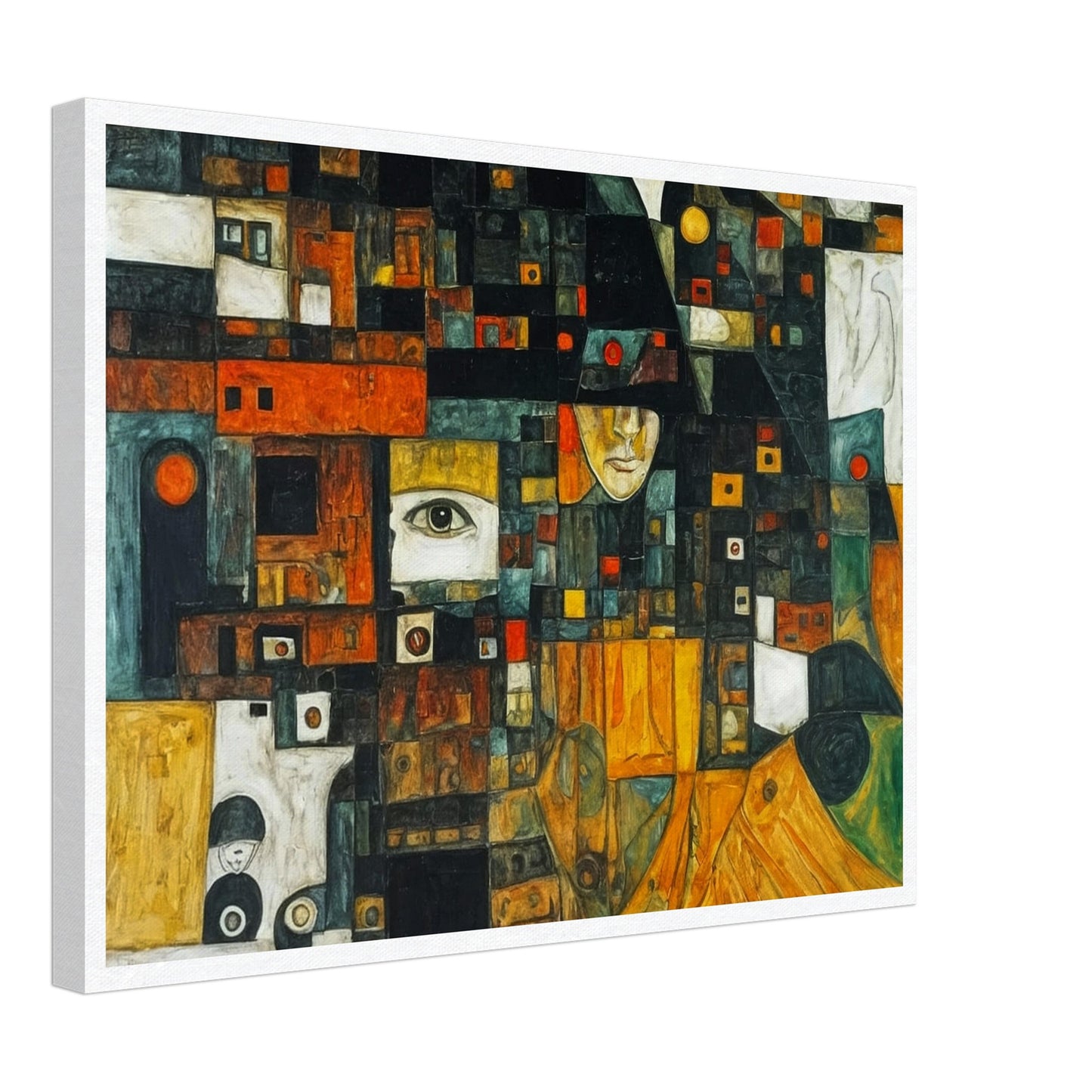 Complex and intriguing collage of fragmented faces and geometric patterns, revealing hidden layers of identity and emotion.