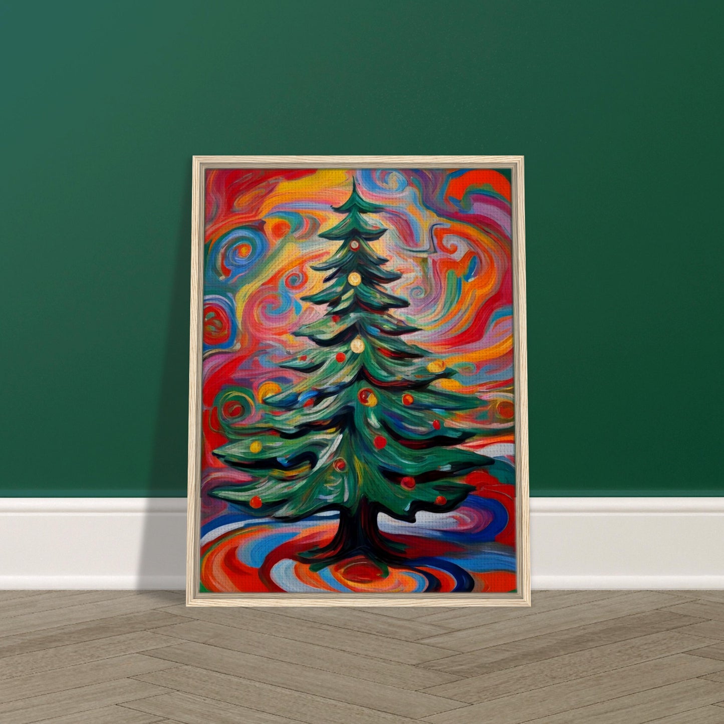 A vivid painting of a decorated Christmas tree surrounded by colorful, swirling patterns in vibrant red, orange, green, and blue hues.