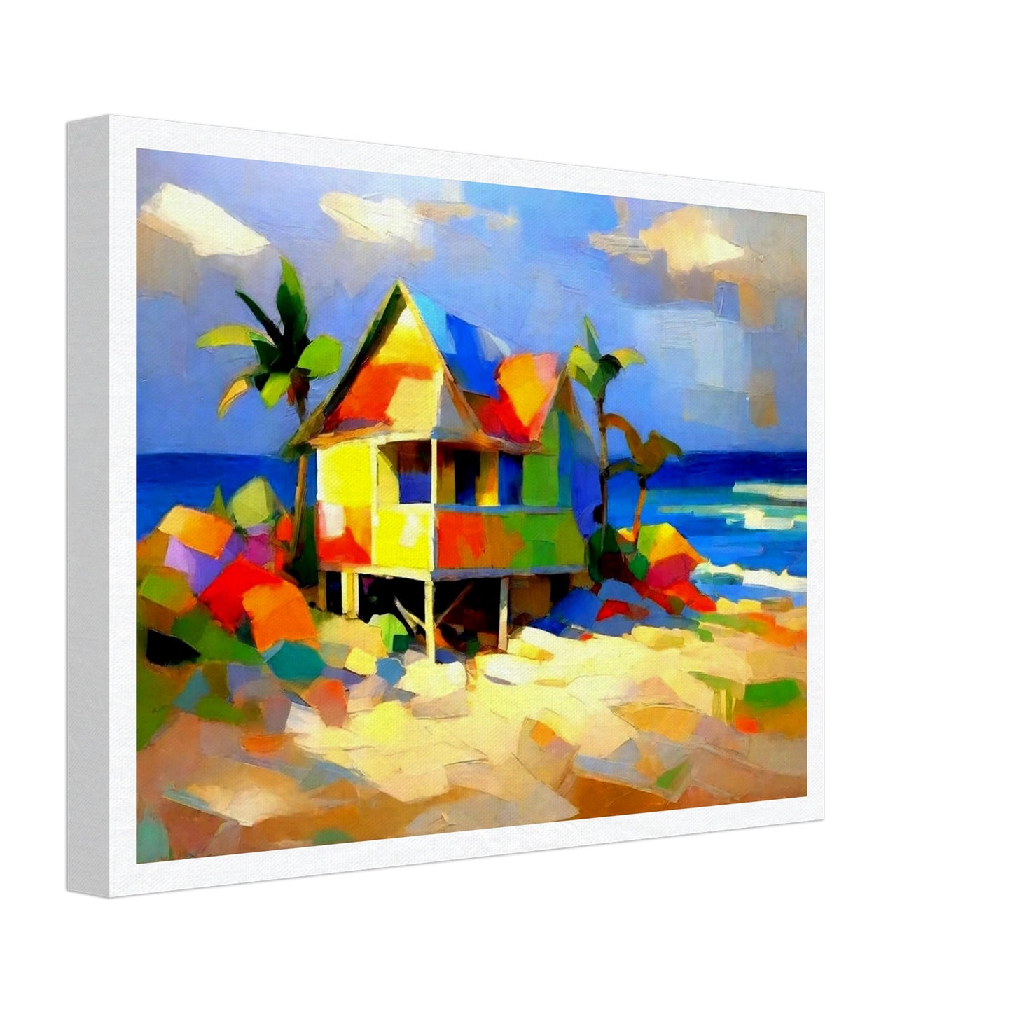 A colorful and lively painting of a beach house with bright blocks of color, set against a backdrop of palm trees and the ocean on a sunny day.