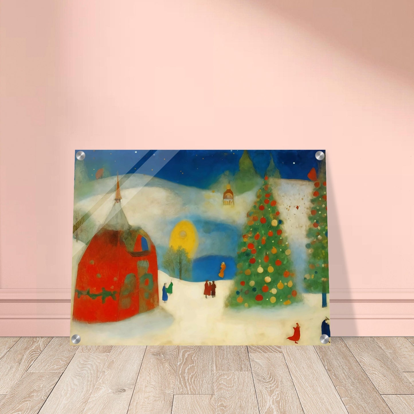 A whimsical winter scene with a large Christmas tree decorated in vibrant ornaments, a cozy red house, and figures strolling through a snowy landscape under a night sky.