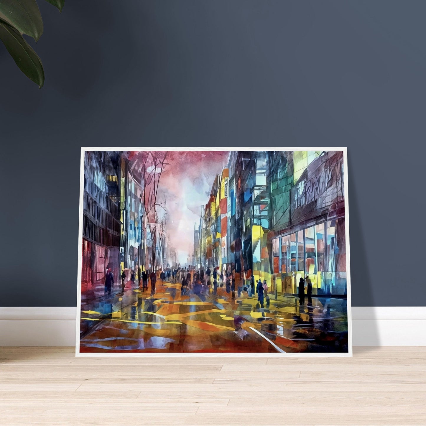 A colorful urban scene depicting people walking down a city street lined with tall buildings, illuminated by vibrant reflections of city lights and set against a dramatic sky.