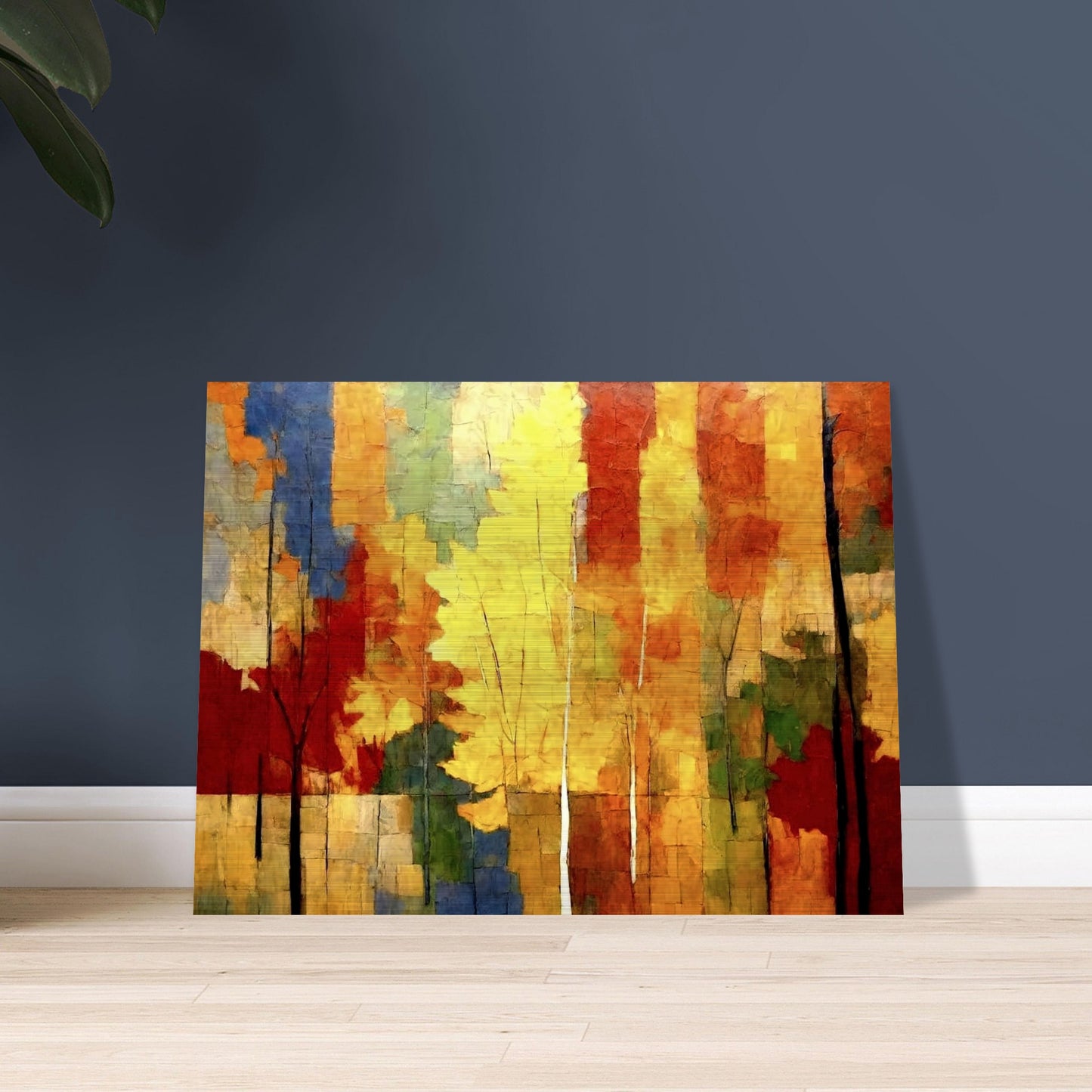 A vibrant painting of autumn trees, featuring bold colors like yellow, red, and orange, with a mix of abstract brush strokes depicting a forest scene.