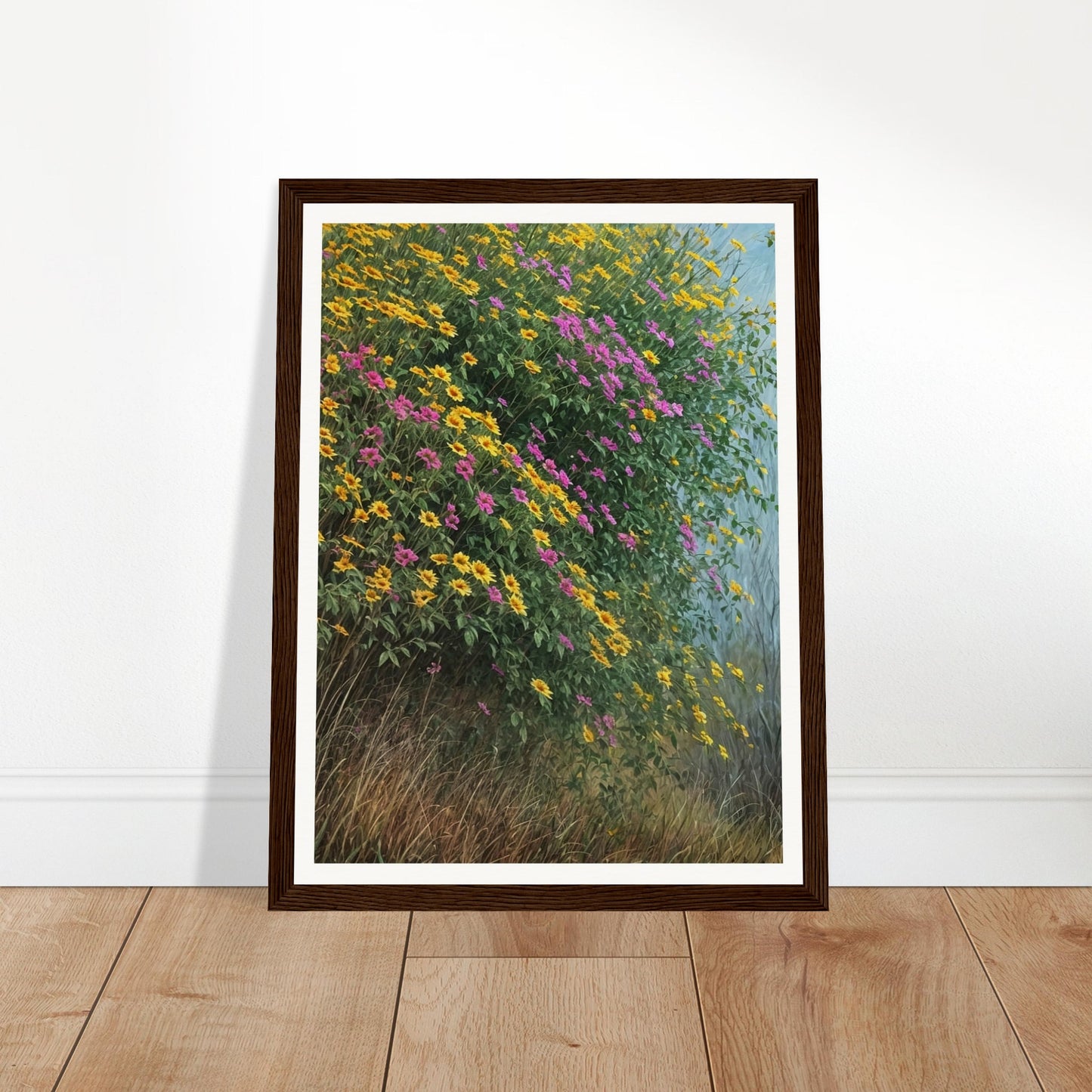 A vibrant painting of yellow and pink wildflowers cascading over a hillside with lush green foliage and tall grass.