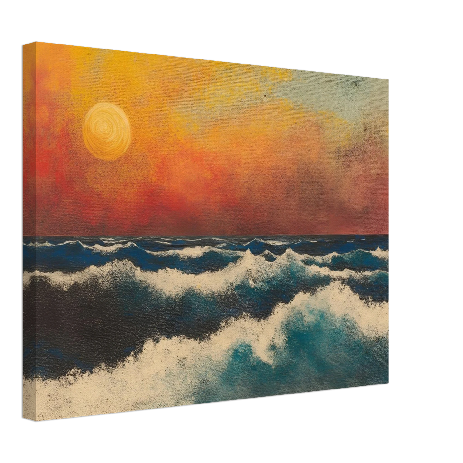 Crashing ocean waves beneath a fiery orange sunset sky, with textured swirls and foam breaking across deep blue water.