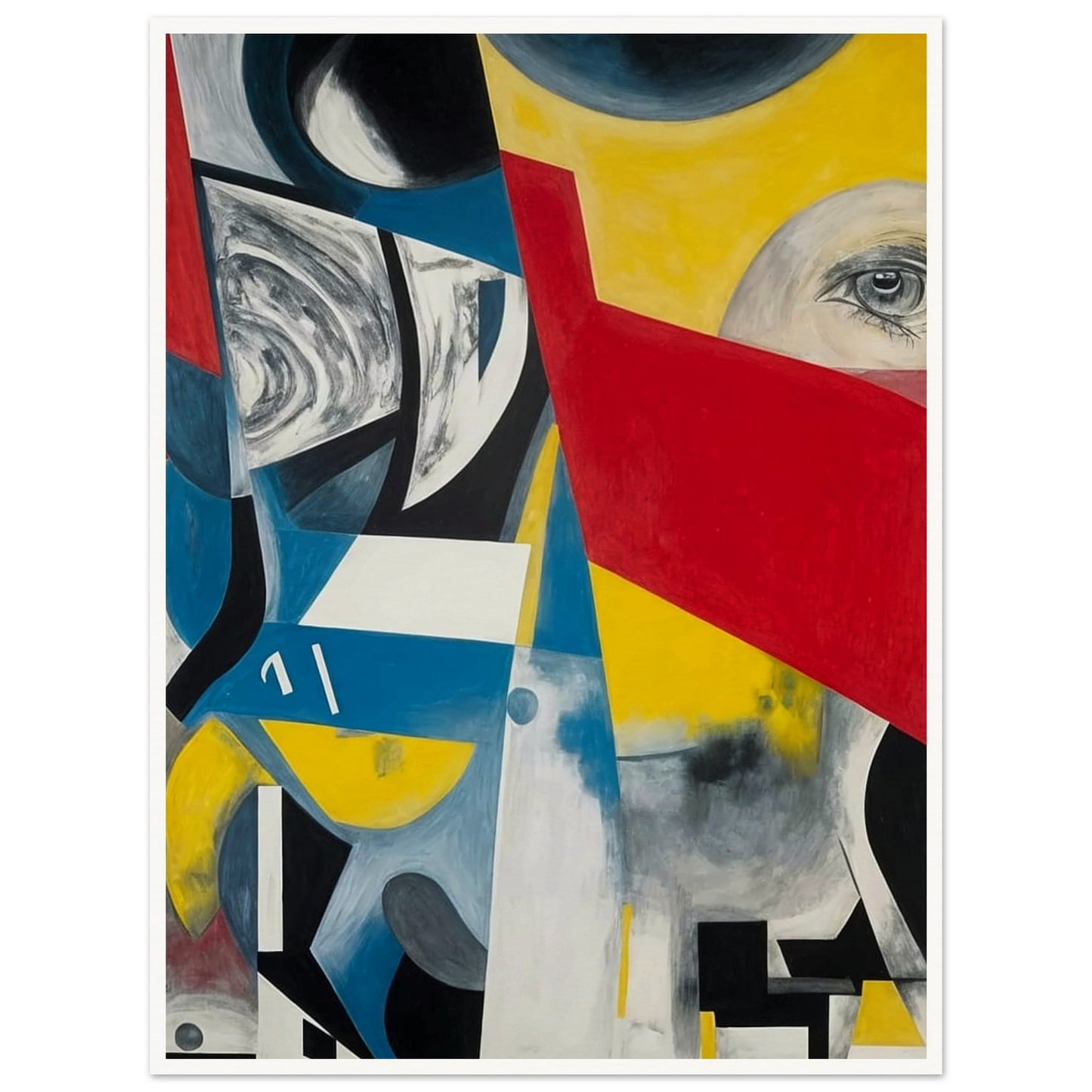 An abstract composition with bold geometric shapes in vibrant colors, including red, yellow, blue, and black. The image features an eye peeking through a red triangular shape, surrounded by swirling patterns and sharp angles, creating a sense of disjointed perception and complexity