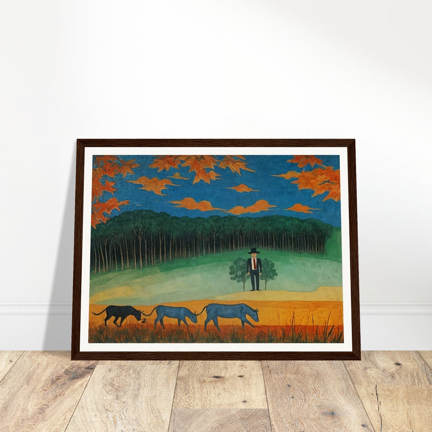 A serene countryside with blue cattle grazing and a lone man in a hat observing the changing autumn foliage and orange skies.