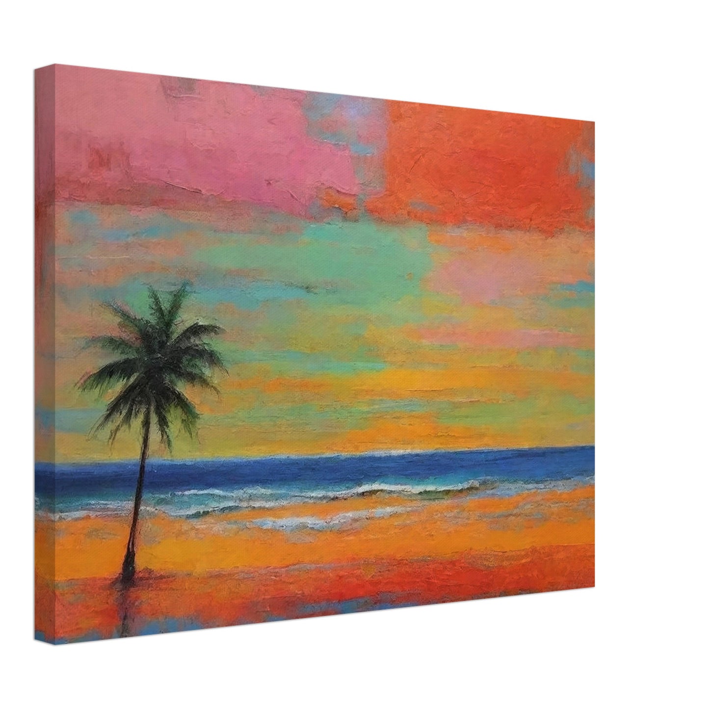 A vibrant tropical sunset with a lone palm tree silhouetted against a colorful sky blending pink, orange, green, and blue hues.
