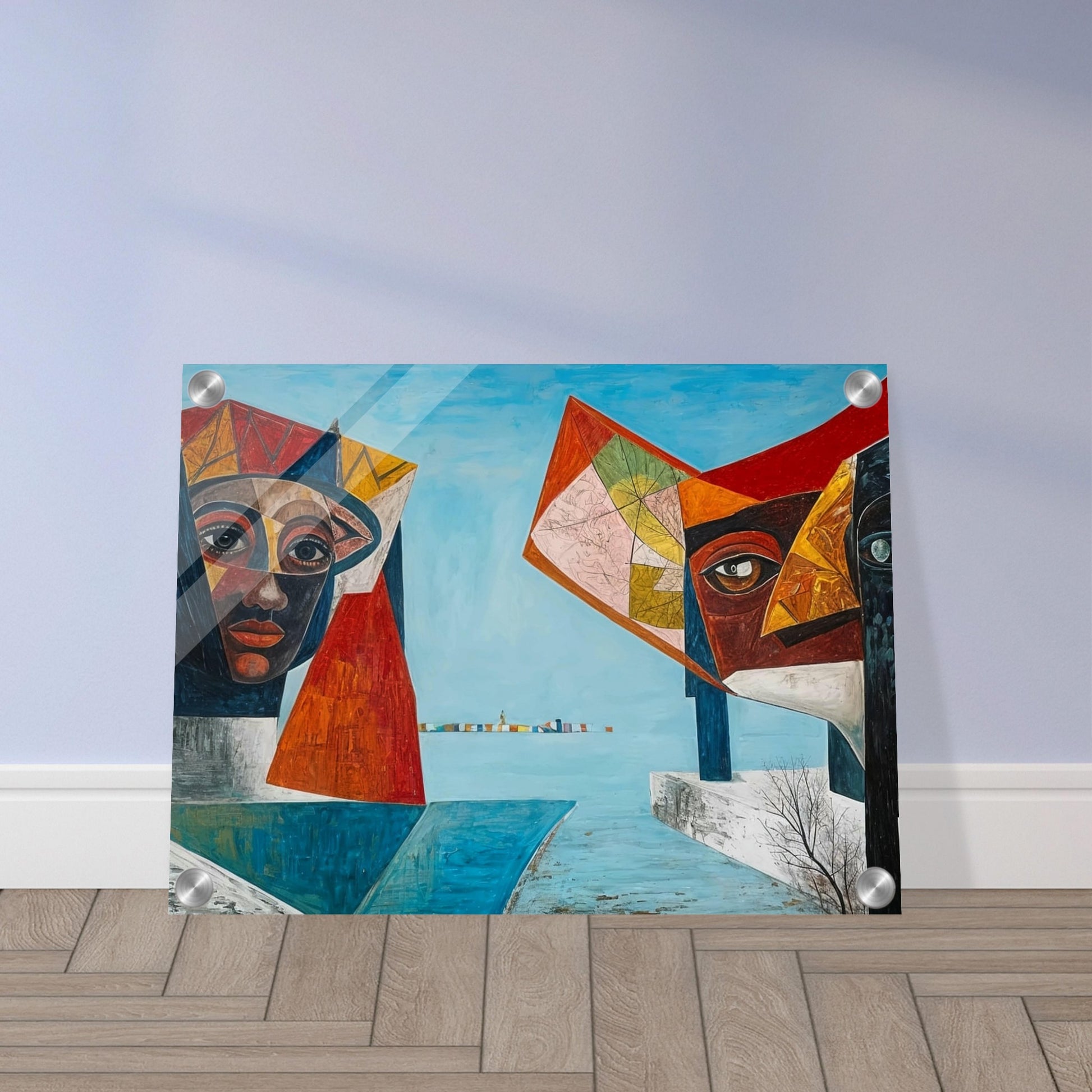 A surreal painting featuring two large, colorful, and abstract guardian faces, positioned on either side of a serene blue seascape, with a distant horizon marked by a row of vibrant structures.