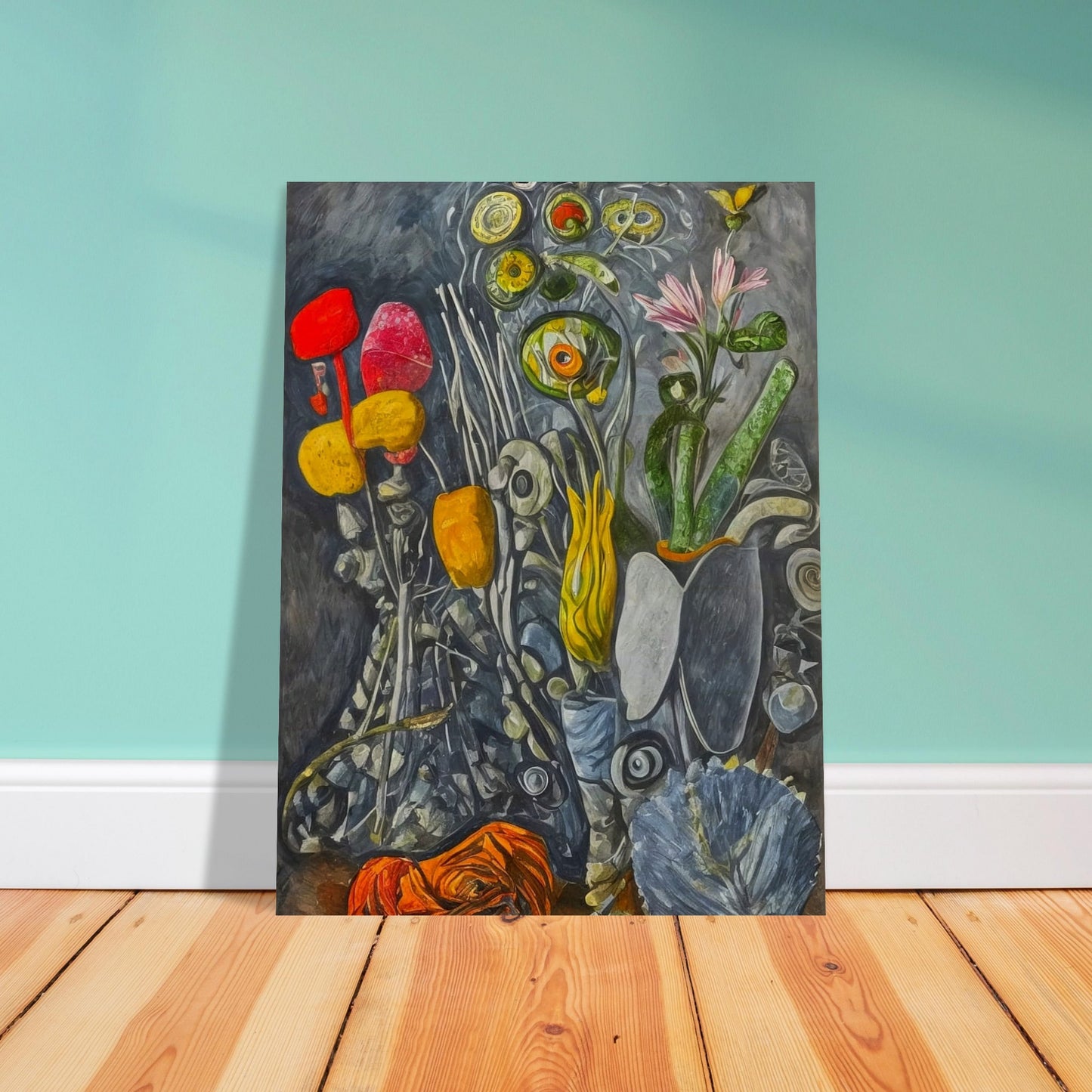 A surreal still-life composition of abstract flowers and plants in vibrant yellows, reds, and greens, set against a textured gray background.