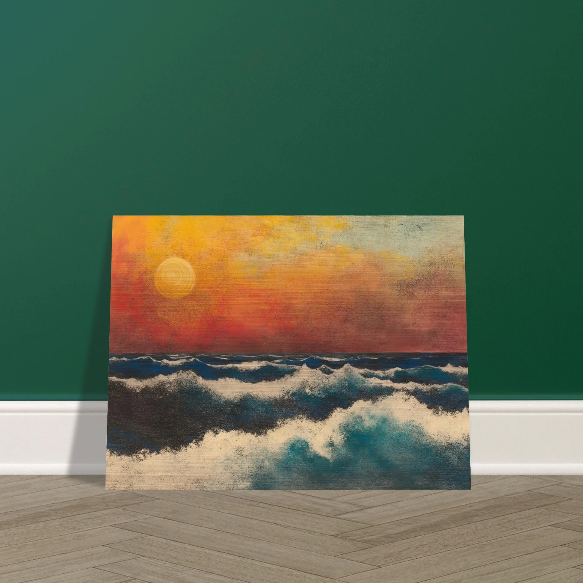 Crashing ocean waves beneath a fiery orange sunset sky, with textured swirls and foam breaking across deep blue water.