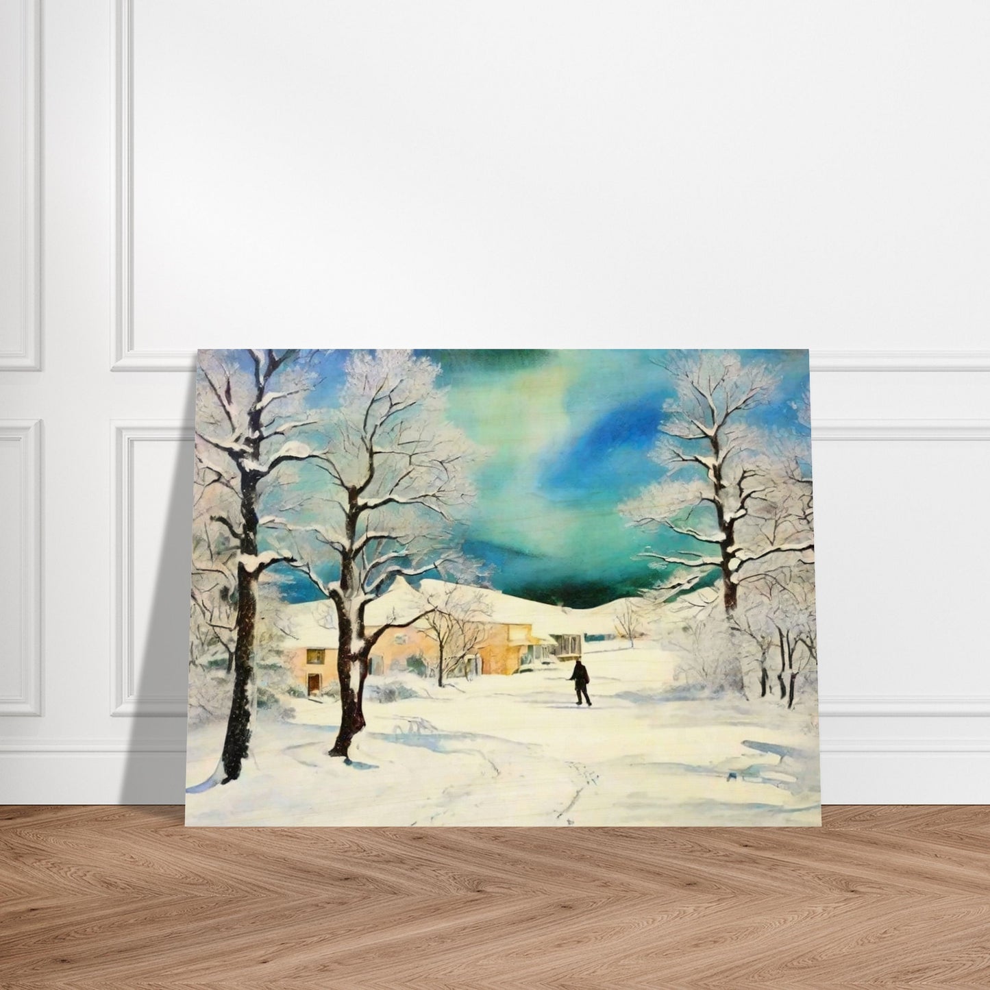 A serene winter landscape featuring snow-covered trees, a lone figure walking through the snow, and warm houses nestled under a stunning blue-green sky.