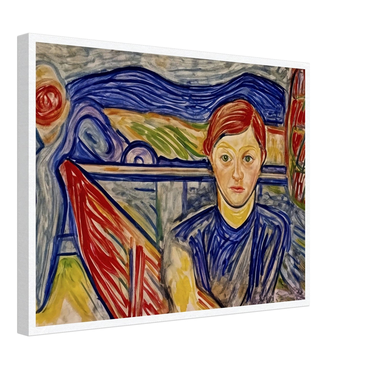 An expressive painting of a figure with red hair, seated against a vibrant background of swirling blue, red, and green brushstrokes, creating a sense of deep thought and inner reflection.