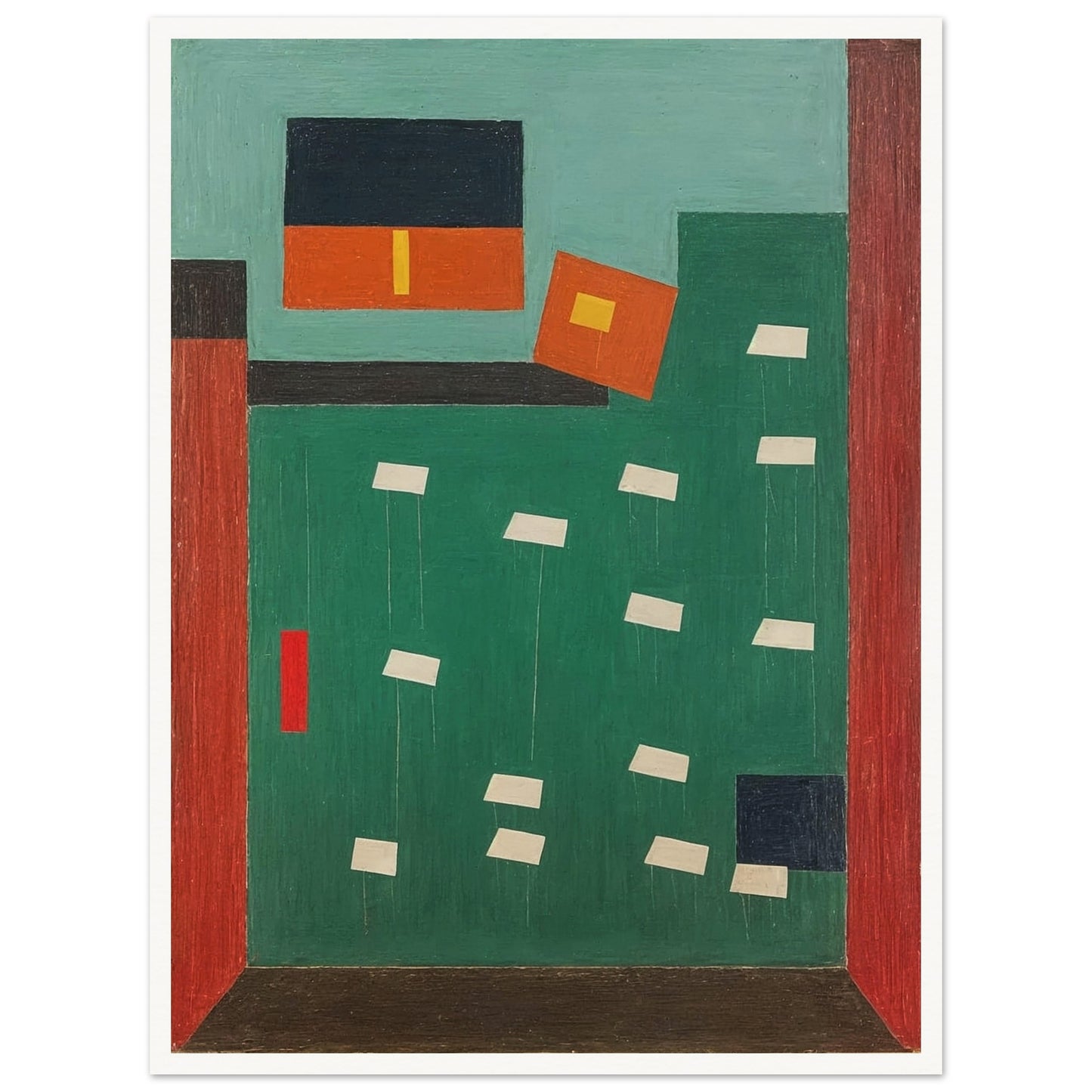 A geometric composition featuring bold blocks of color with shapes suspended in a grid-like pattern, creating a sense of structured order.