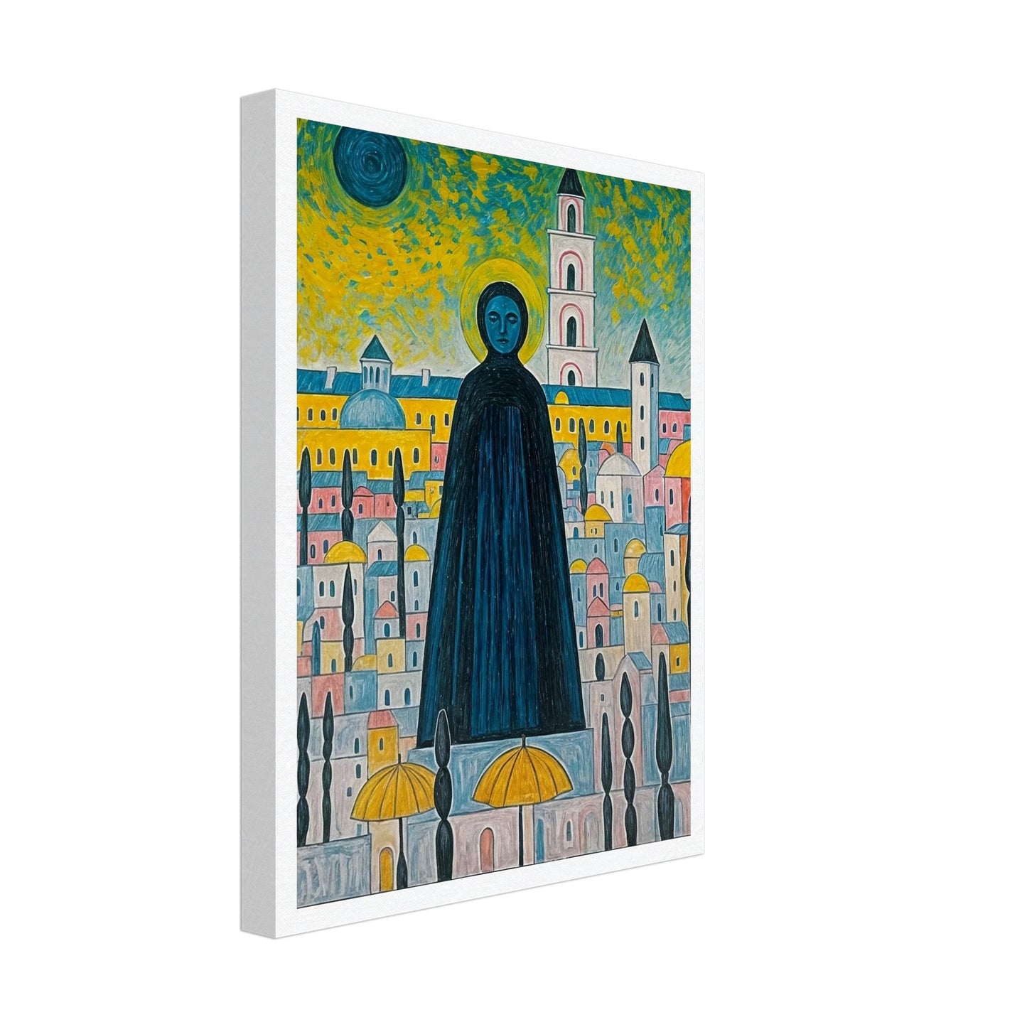 A vibrant painting featuring a towering, cloaked figure with a halo standing amidst a colorful, stylized cityscape under a surreal sky.