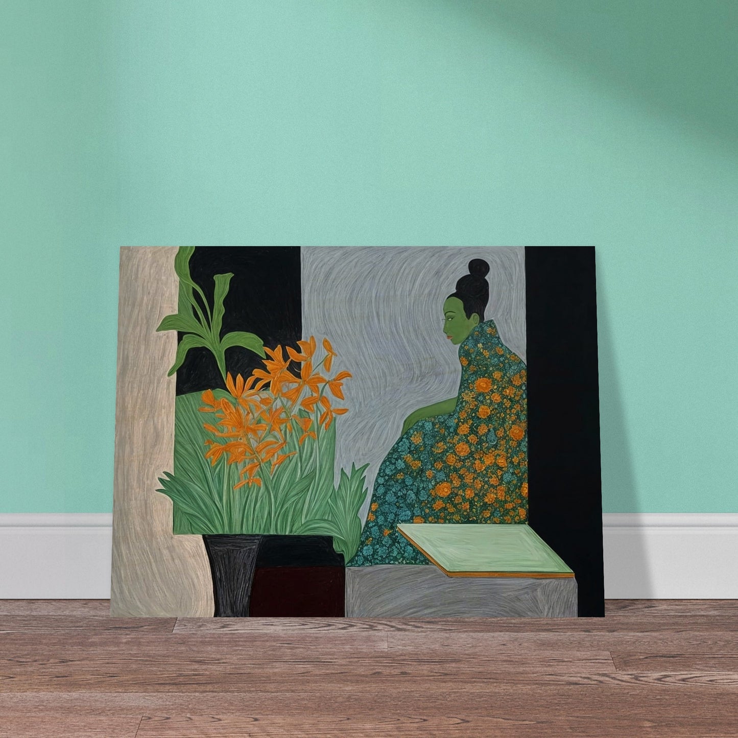 A painting of a woman with a green face in a floral dress, sitting in contemplation next to vibrant orange flowers.