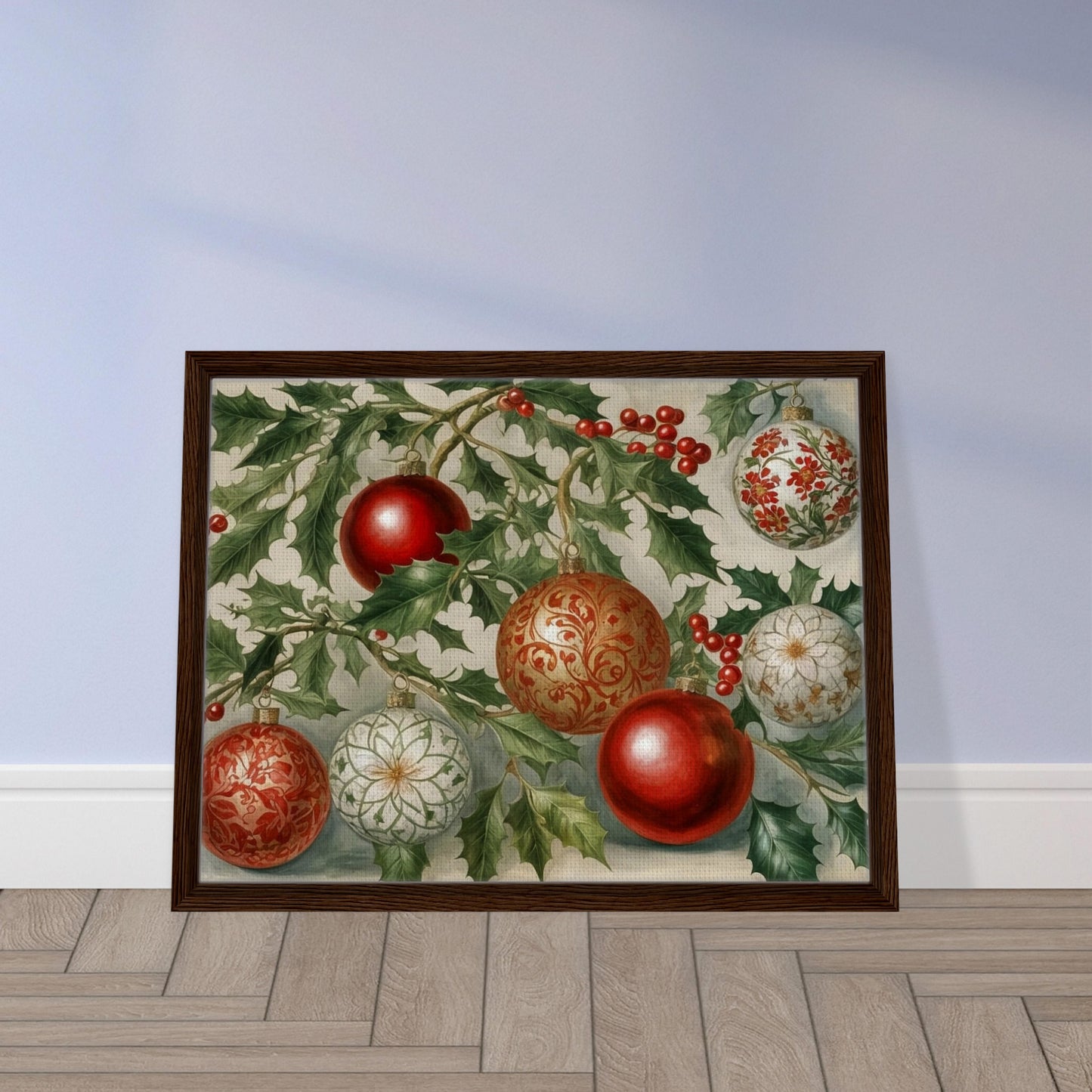 A festive display of red and gold Christmas ornaments hanging from holly branches, adorned with intricate floral and scroll patterns, evoking holiday elegance and warmth.
