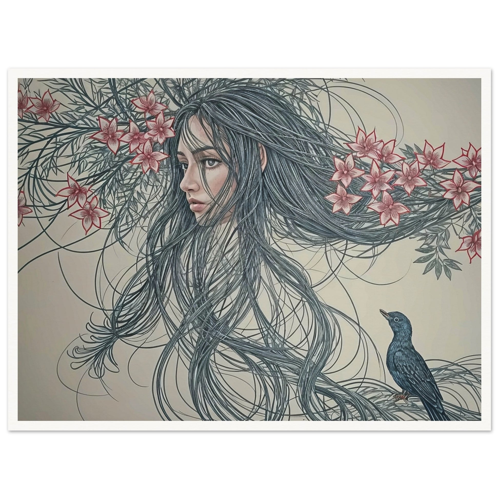 A surreal painting depicting a woman's face intertwined with long flowing hair and flowers, accompanied by a small bird.