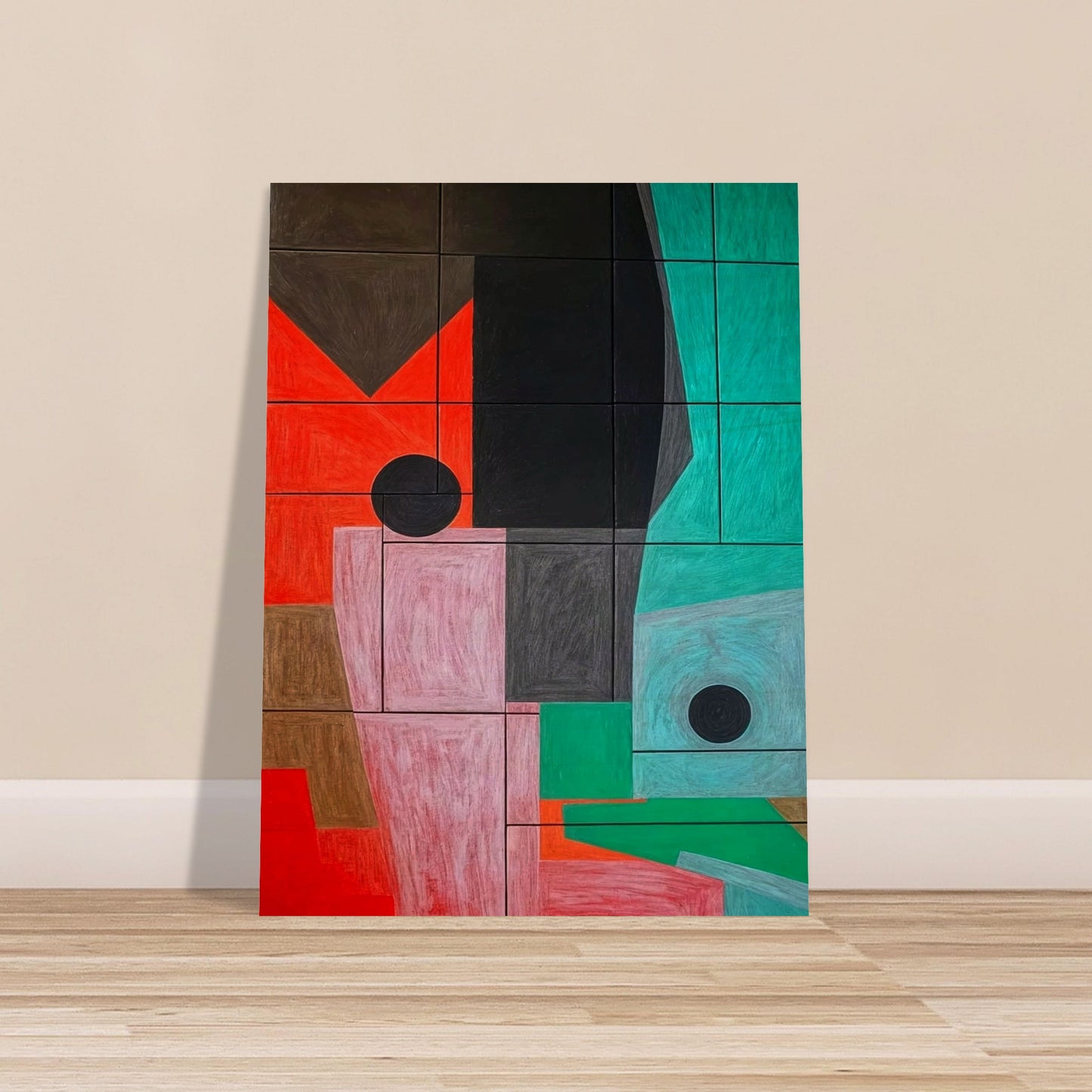 A striking geometric artwork featuring overlapping shapes in shades of red, black, pink, and teal, creating a structured abstract composition.