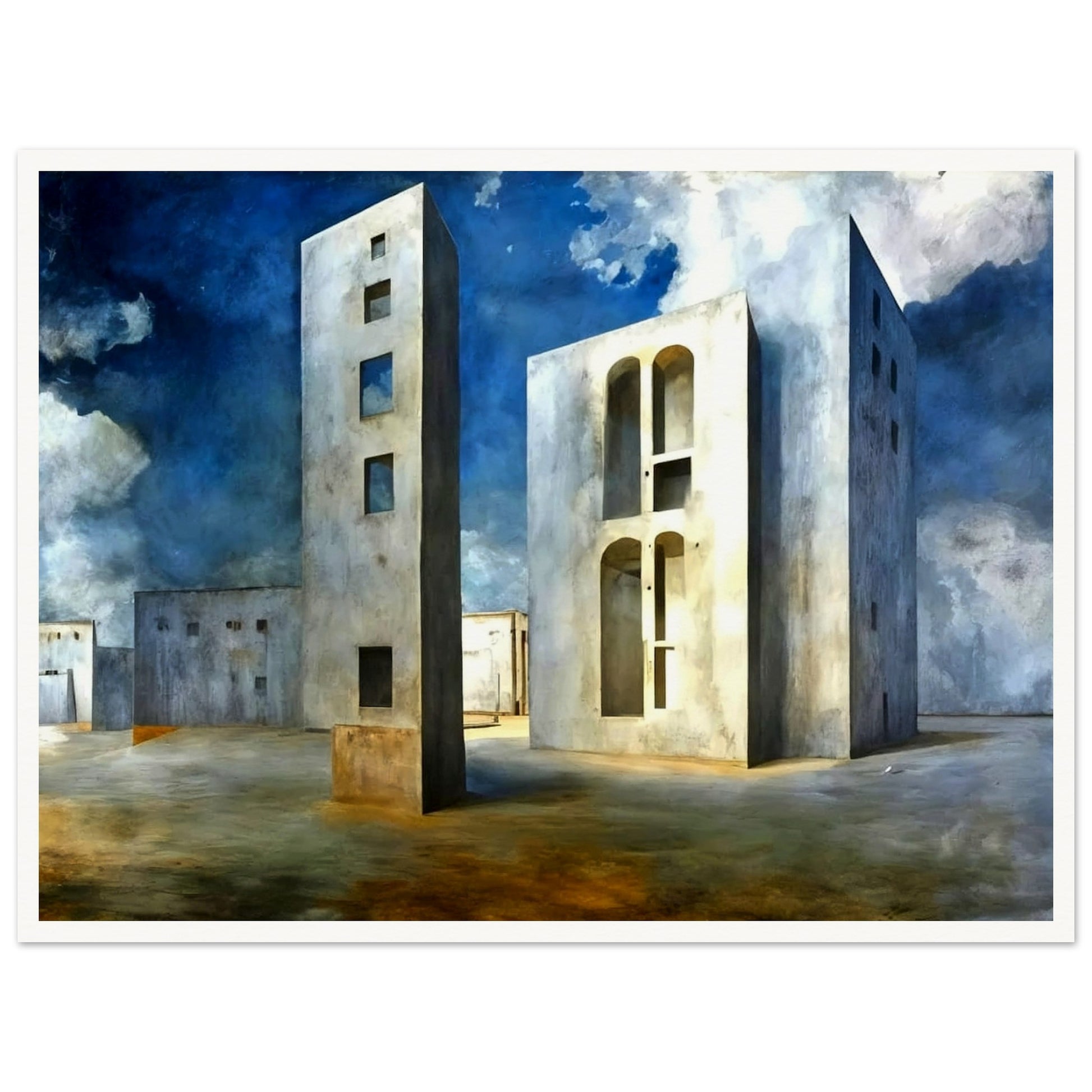 A surreal landscape featuring towering, geometric buildings with windows and arches set against a deep blue sky with dramatic clouds.