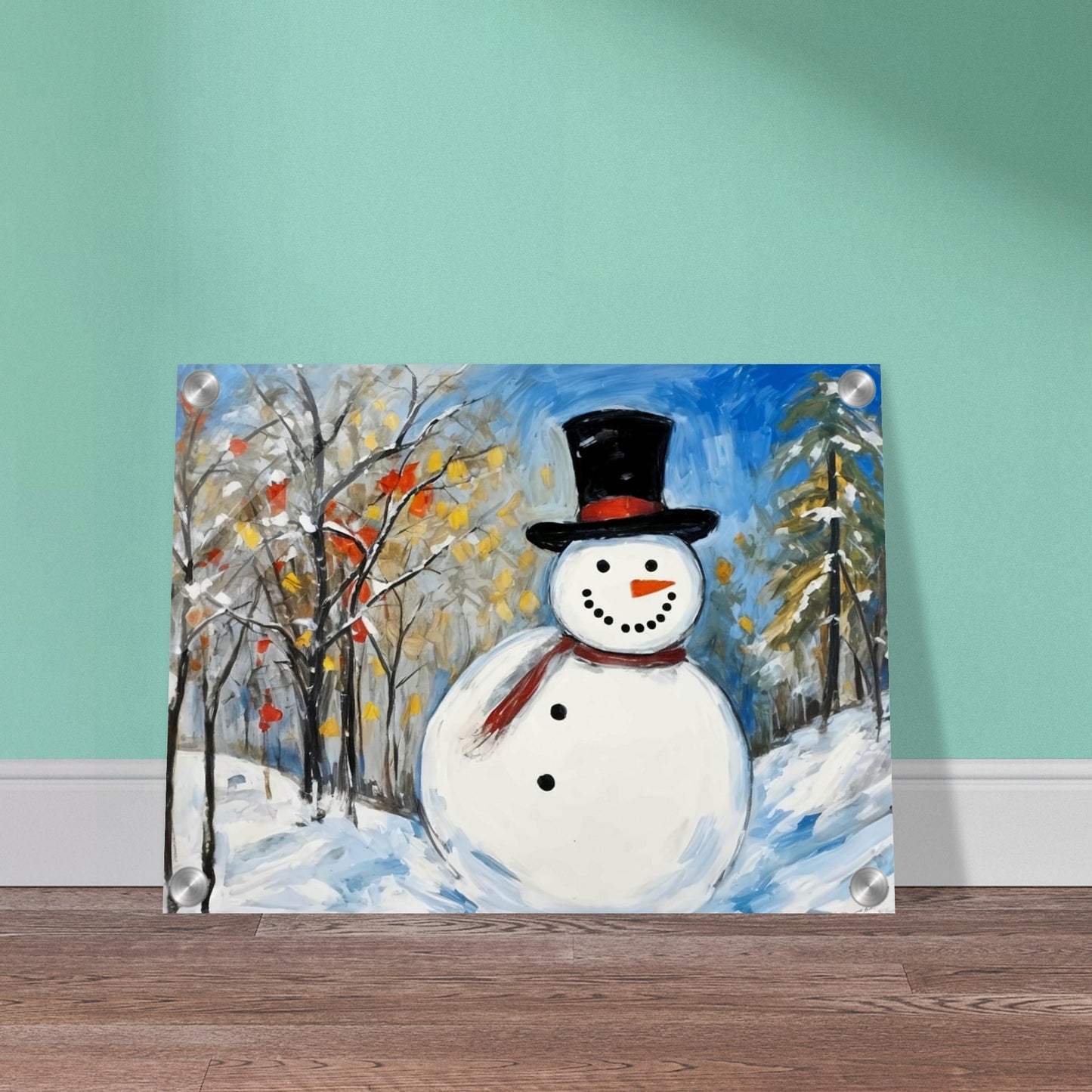 A cheerful snowman with a black top hat and red scarf stands in a snow-covered landscape, surrounded by snow-dusted trees with autumn leaves and a clear blue sky.