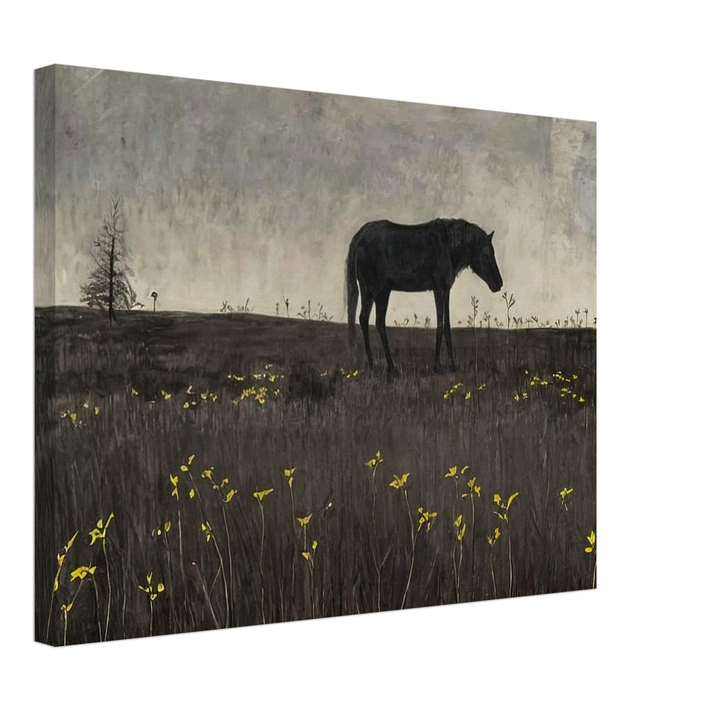 A lone horse in a quiet, almost eerie landscape, with a few scattered yellow flowers adding a touch of color to the scene.