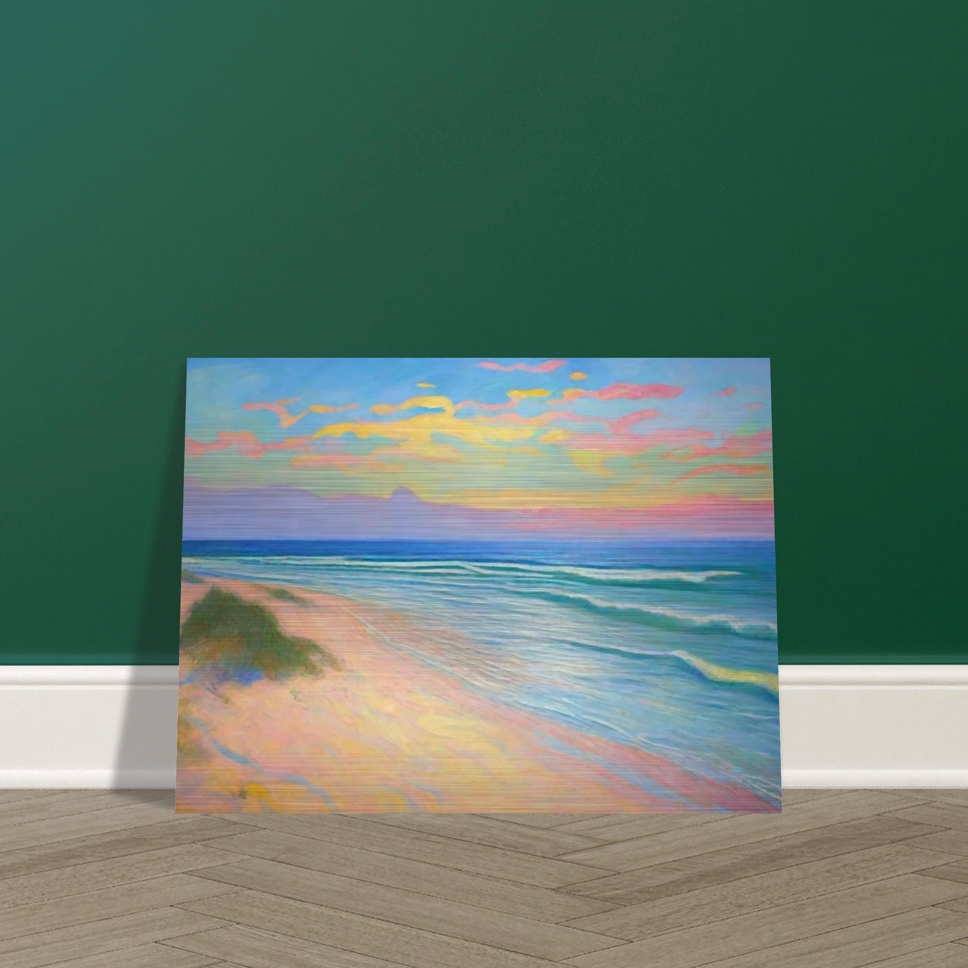 "A serene beach scene with pastel-colored clouds in the sky, gentle waves, and soft sandy shores, creating a peaceful atmosphere."