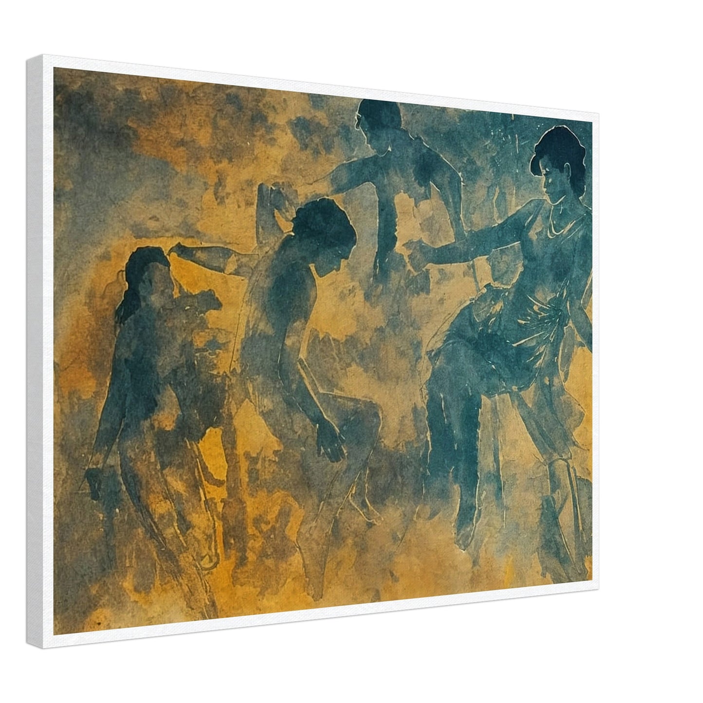 A serene artwork featuring ethereal figures in motion, rendered in soft hues of blue and gold. The dancers appear to be gracefully interacting with one another, evoking a sense of harmony and fluidity.