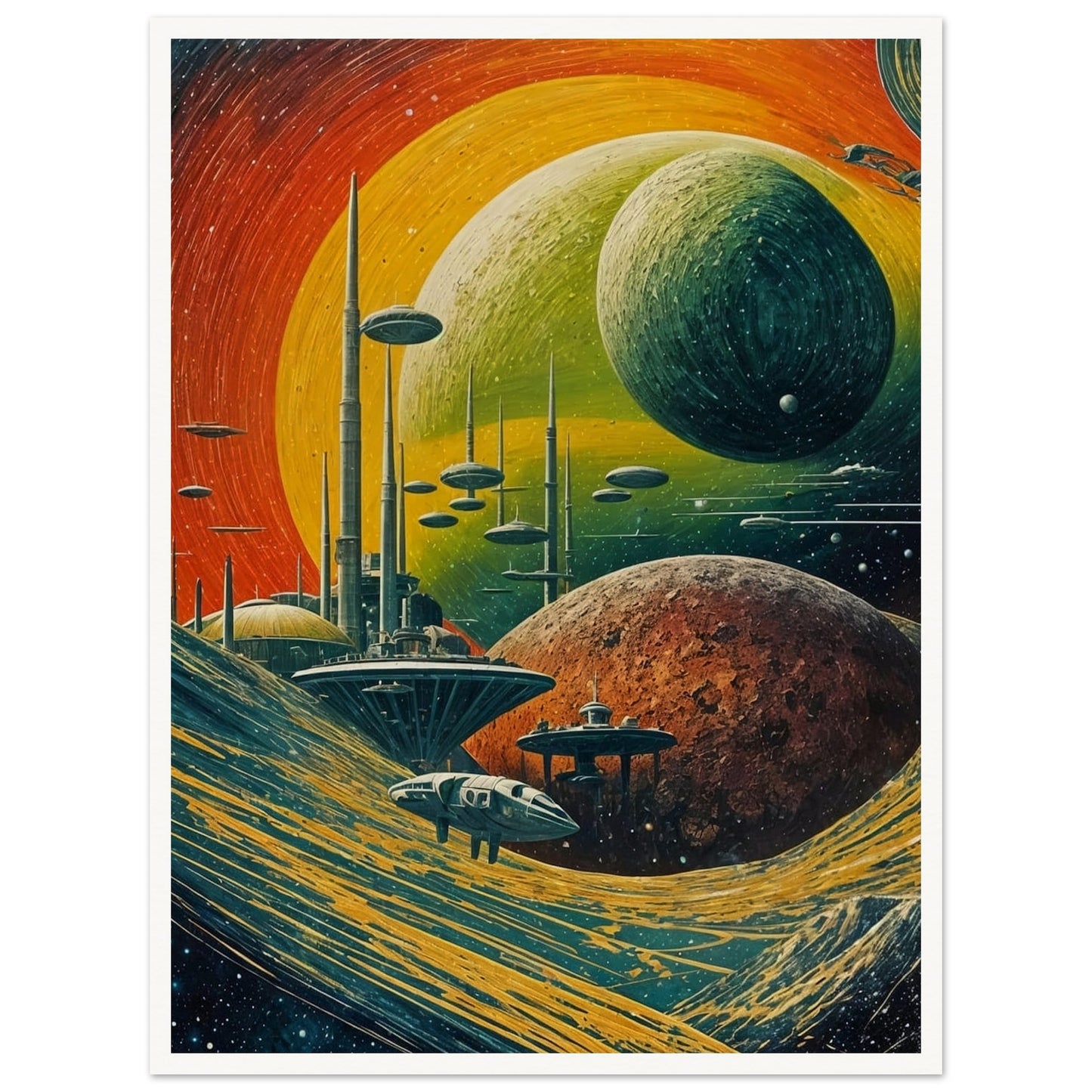 A vivid depiction of a futuristic planetary system with towering structures and spacecraft amidst swirling cosmic landscapes, evoking a sense of exploration and wonder.