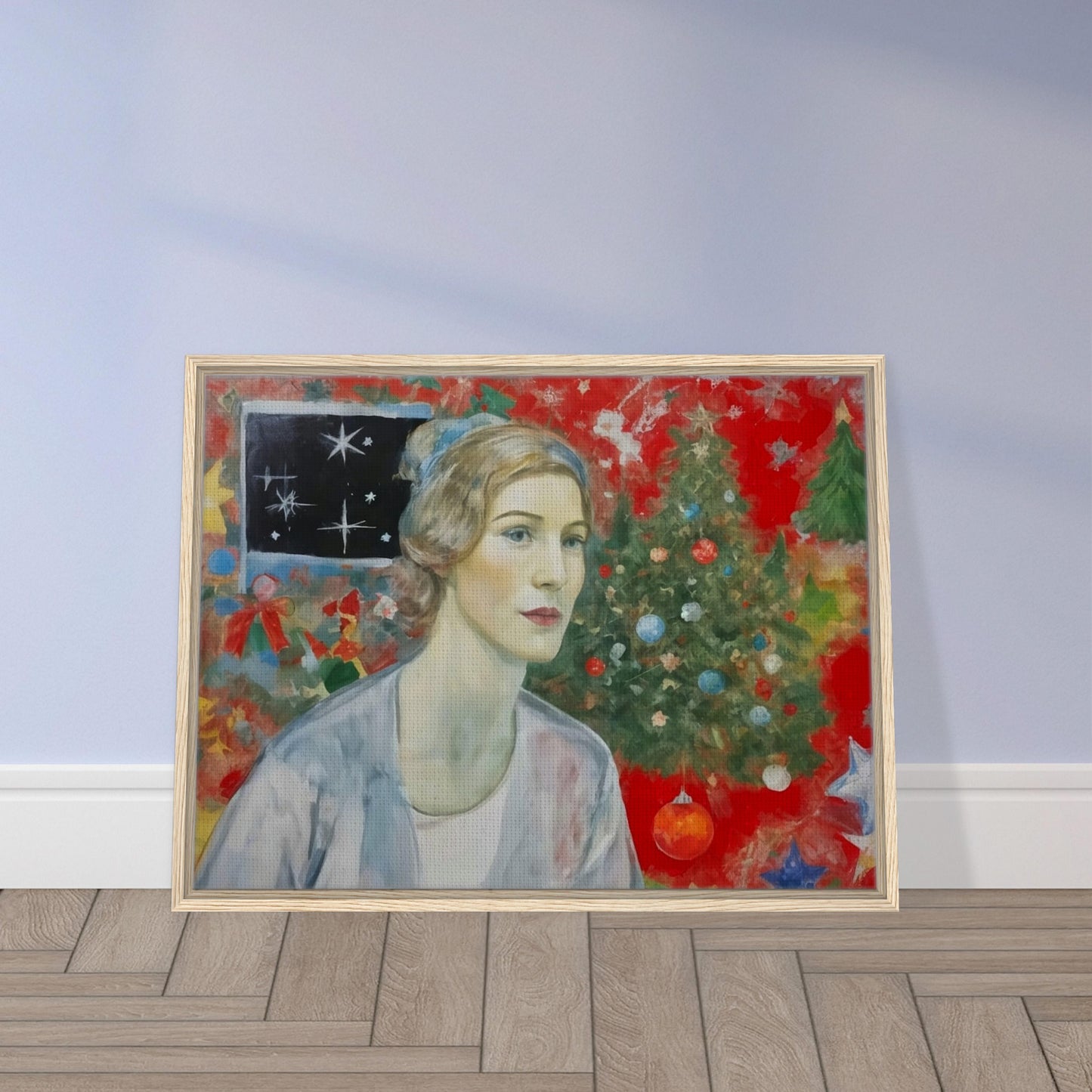 A thoughtful woman gazes forward, framed by a vibrant Christmas scene with a decorated tree, stars, and festive ornaments on a red background, capturing holiday nostalgia.