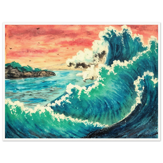 Towering ocean wave crashes under a fiery sunset sky, with distant cliffs and birds in view.