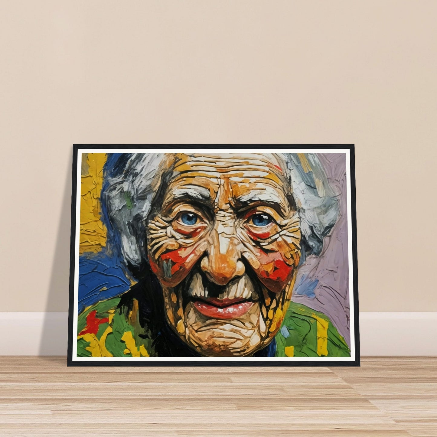 A vivid portrait of an elderly woman with expressive wrinkles and bright blue eyes, capturing the essence of a life well-lived through bold and textured brushstrokes.