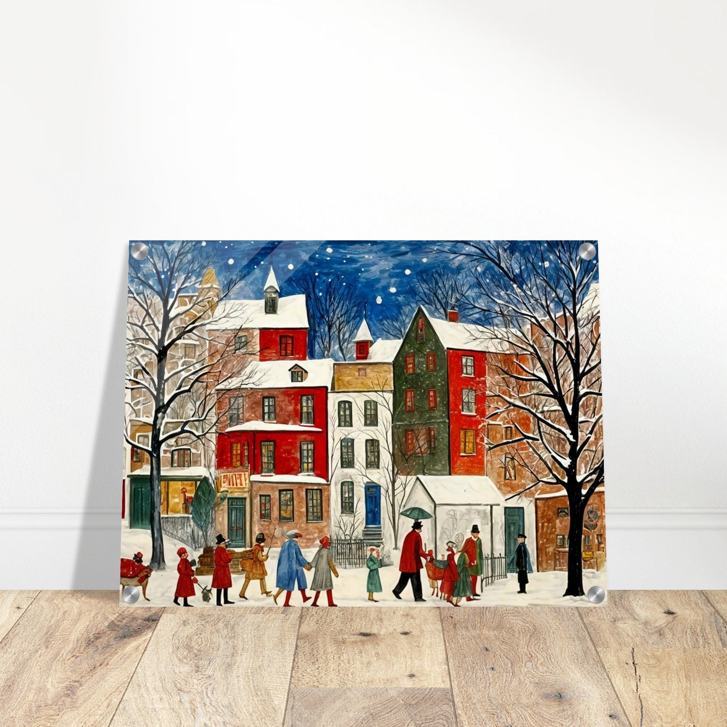 A charming cityscape with people walking down a snow-covered street, surrounded by colorful houses and trees under a starry night sky, capturing the holiday spirit.