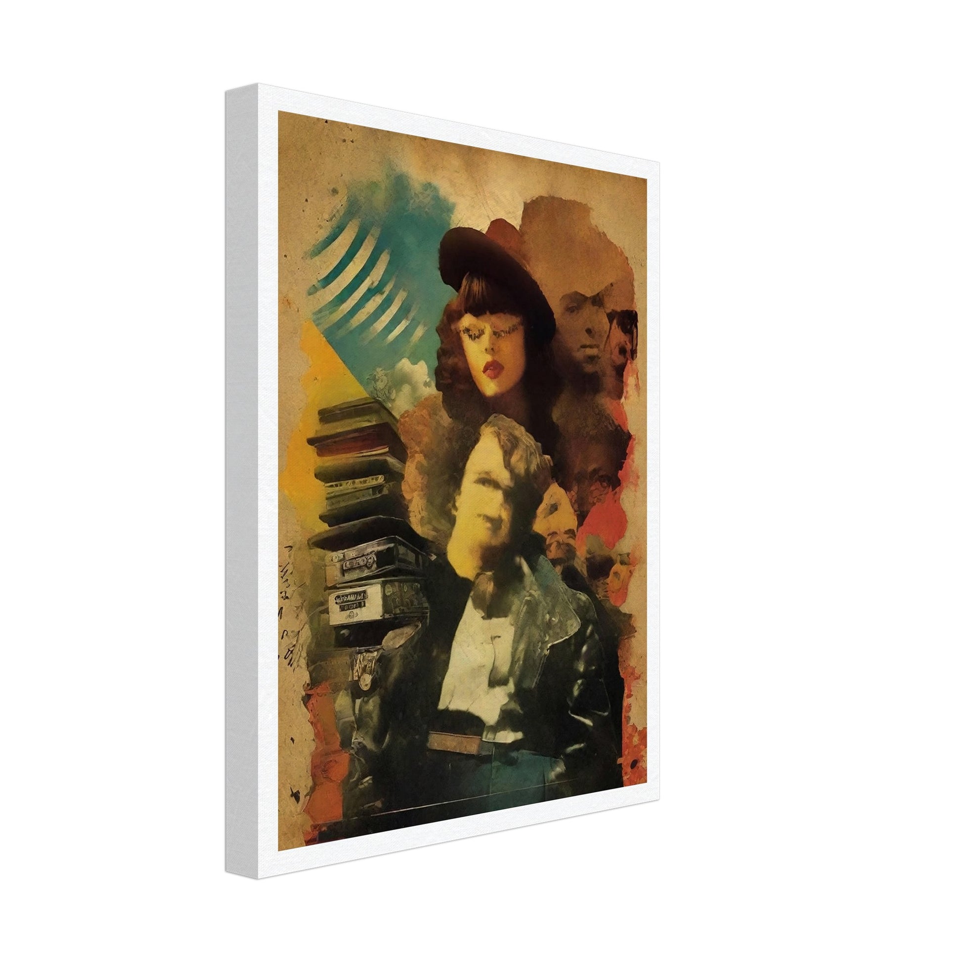 Surreal collage of vintage figures, with a woman in a hat and a man in a leather jacket, surrounded by old cassette tapes and faces