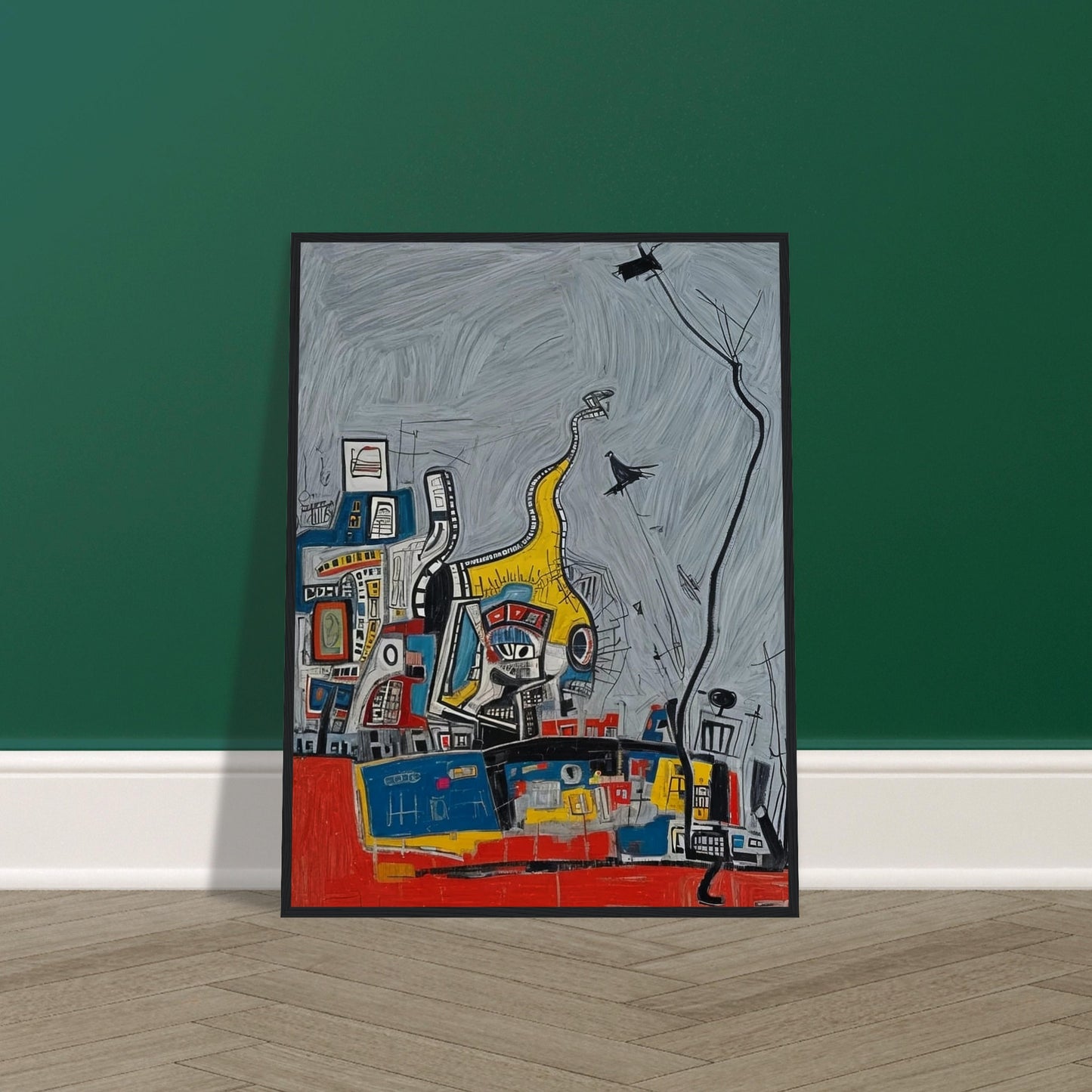 An abstract painting featuring a chaotic yet vibrant urban scene with geometric shapes and bold colors against a gray background.