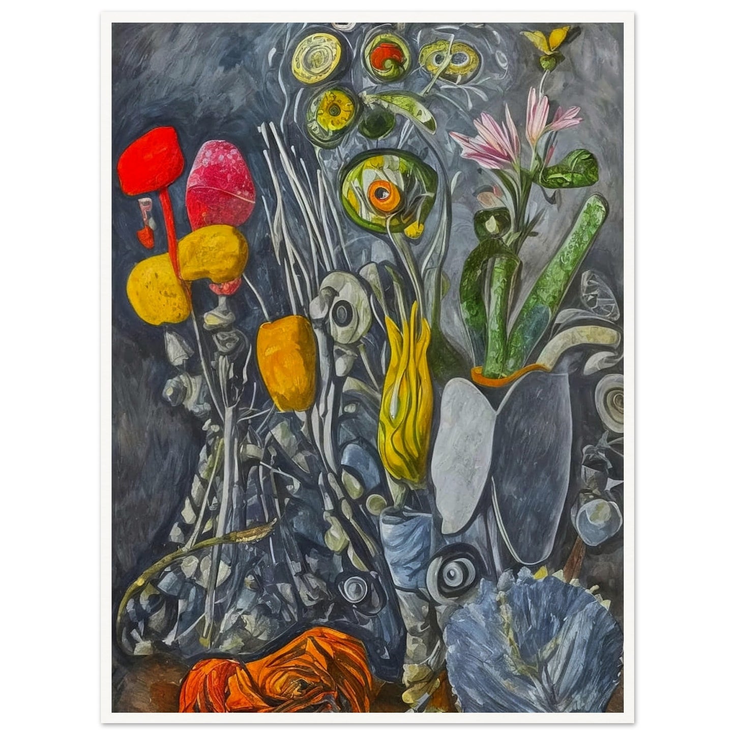 A surreal still-life composition of abstract flowers and plants in vibrant yellows, reds, and greens, set against a textured gray background.