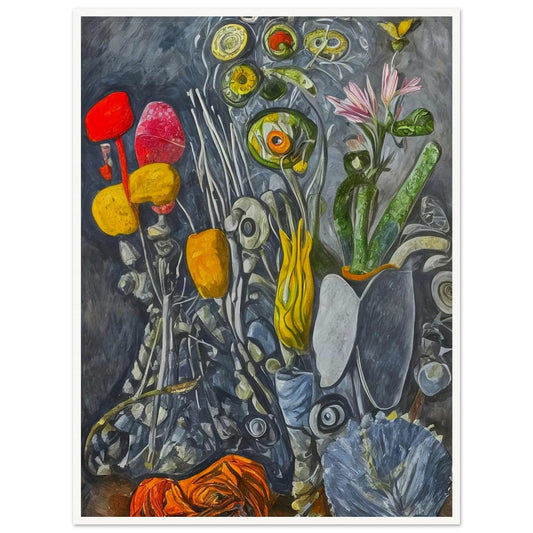 A surreal still-life composition of abstract flowers and plants in vibrant yellows, reds, and greens, set against a textured gray background.