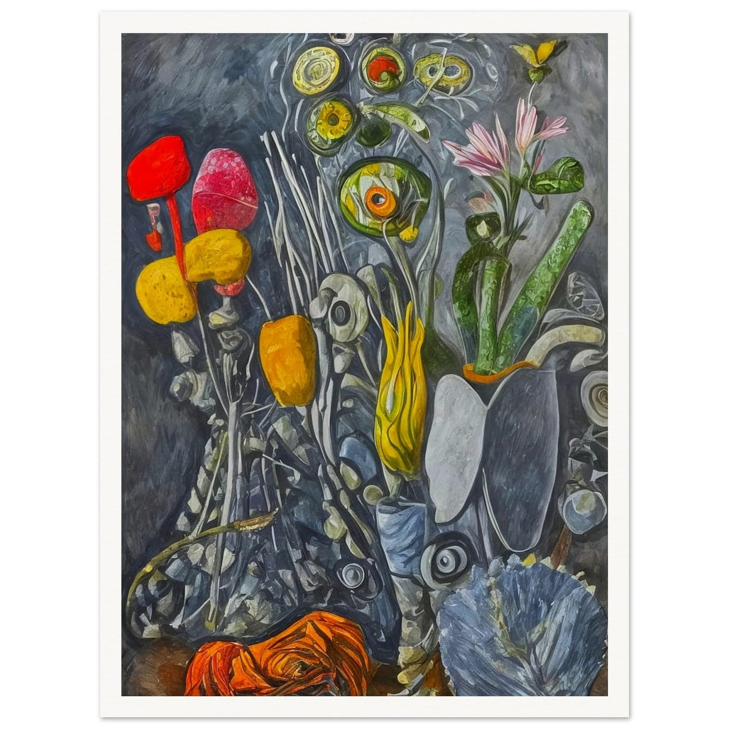 A surreal still-life composition of abstract flowers and plants in vibrant yellows, reds, and greens, set against a textured gray background.