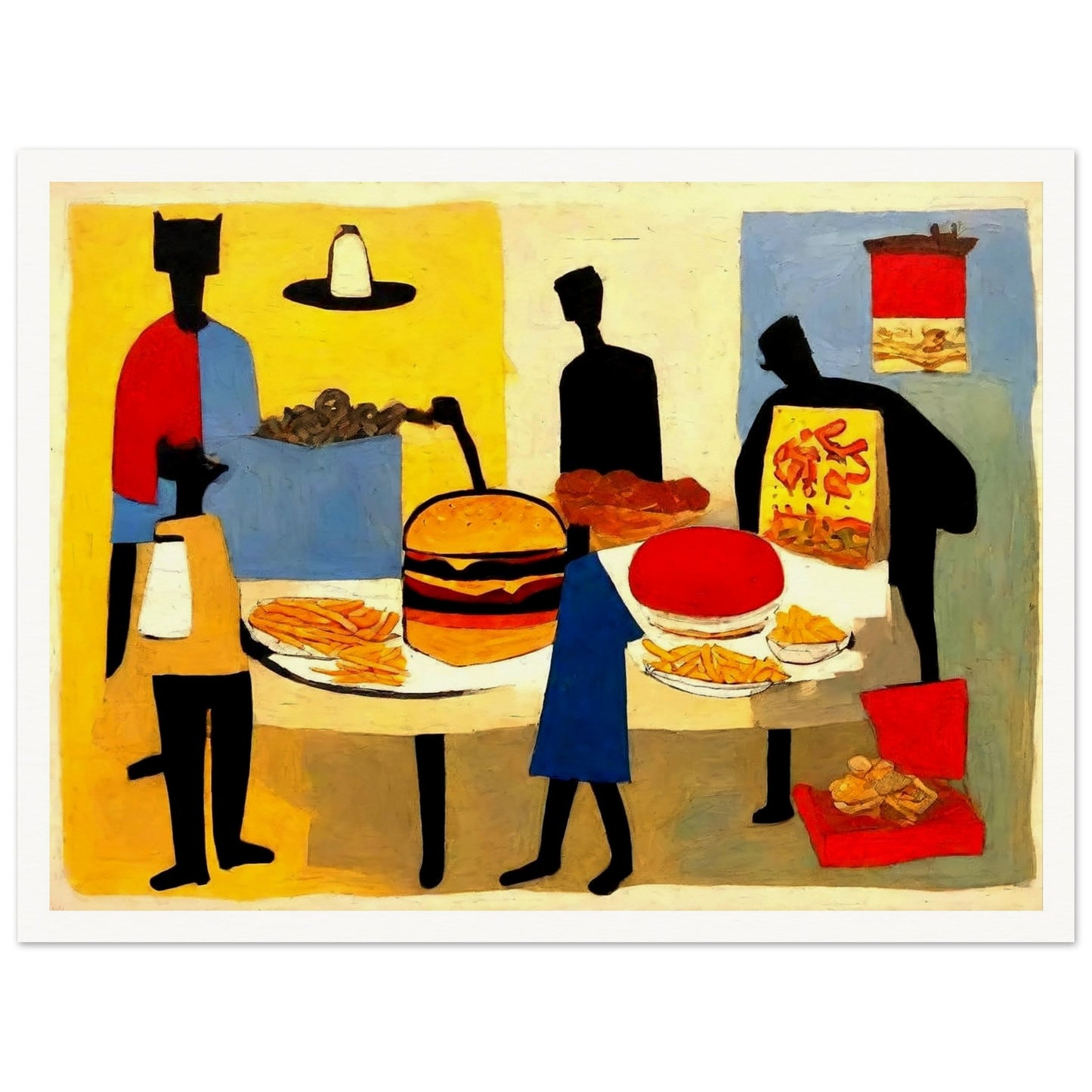 "An abstract painting of figures gathered around a table full of fast food items, including a burger, fries, pizza, and soda."