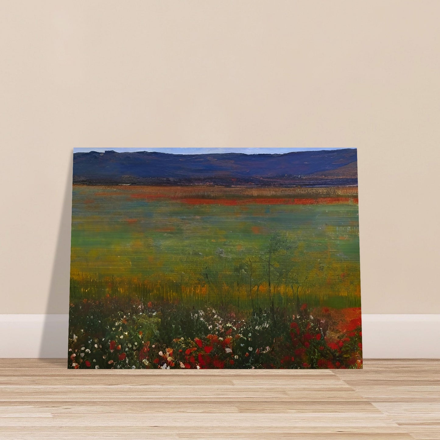 A tranquil painting depicting an expansive meadow filled with wildflowers, set against distant blue mountains.