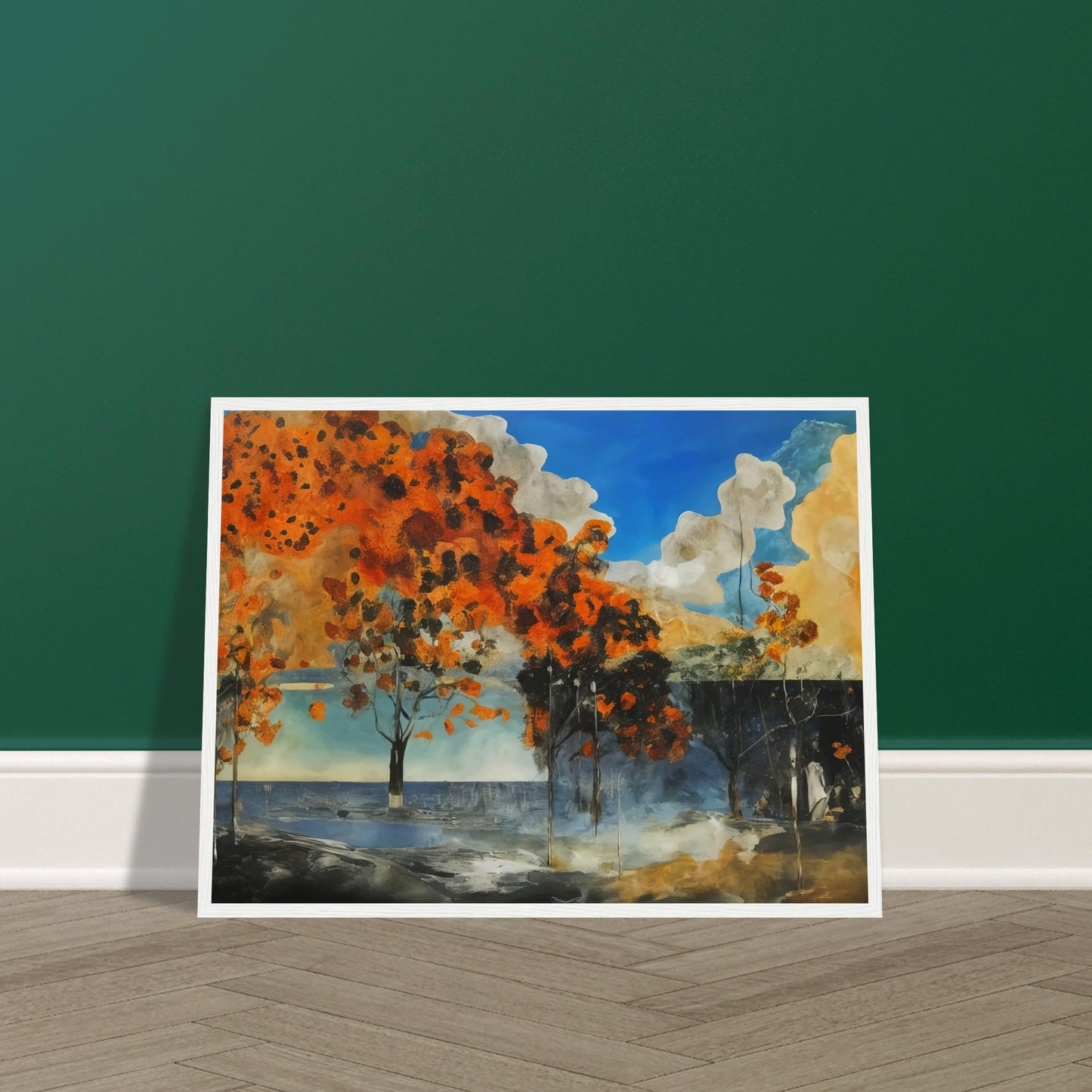 A captivating painting of autumn trees with vibrant orange foliage set against a bright blue sky and dark, shadowy foreground.