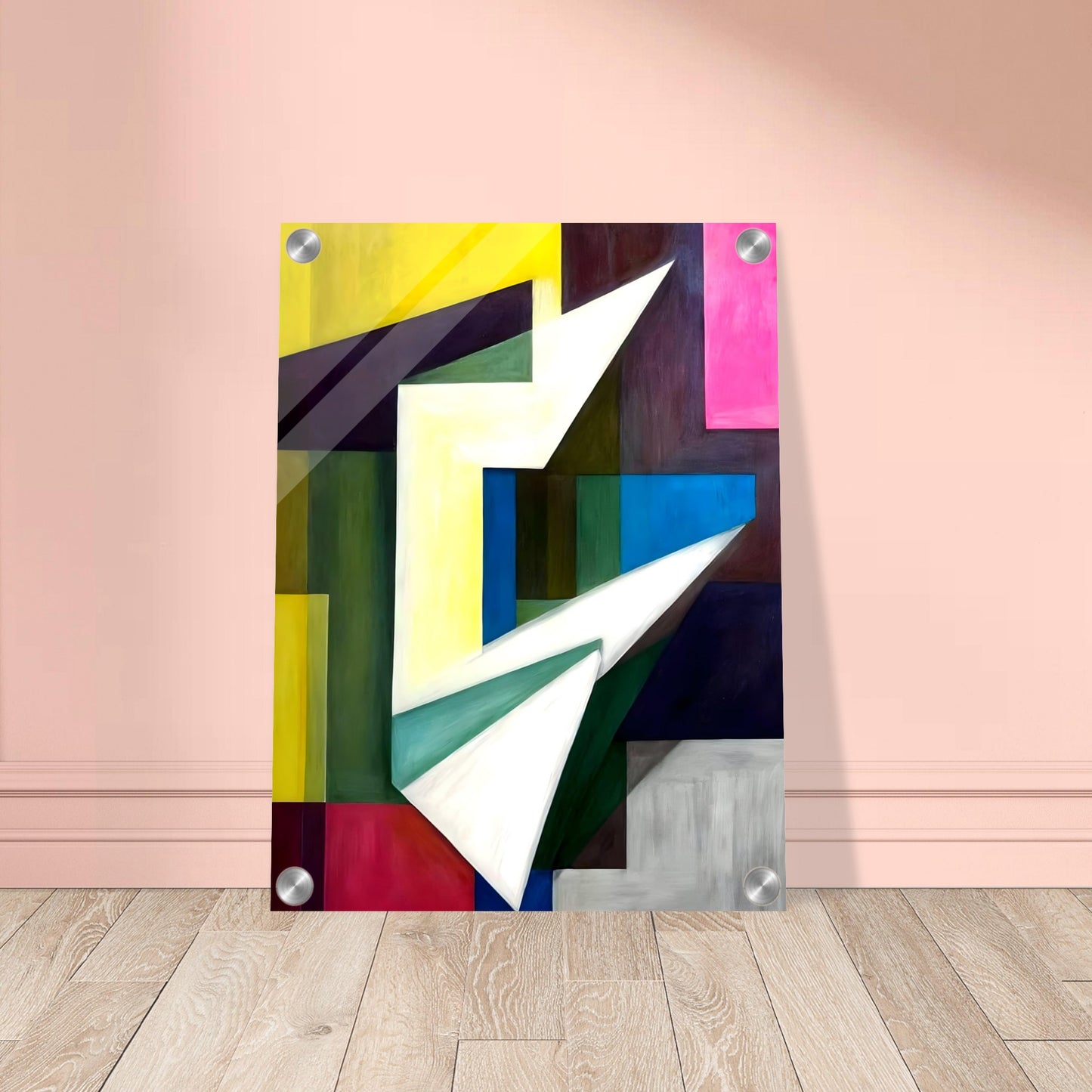 A bold geometric composition featuring sharp angles and planes, with vibrant blocks of yellow, green, blue, and pink forming a dynamic interplay of light and shadow.