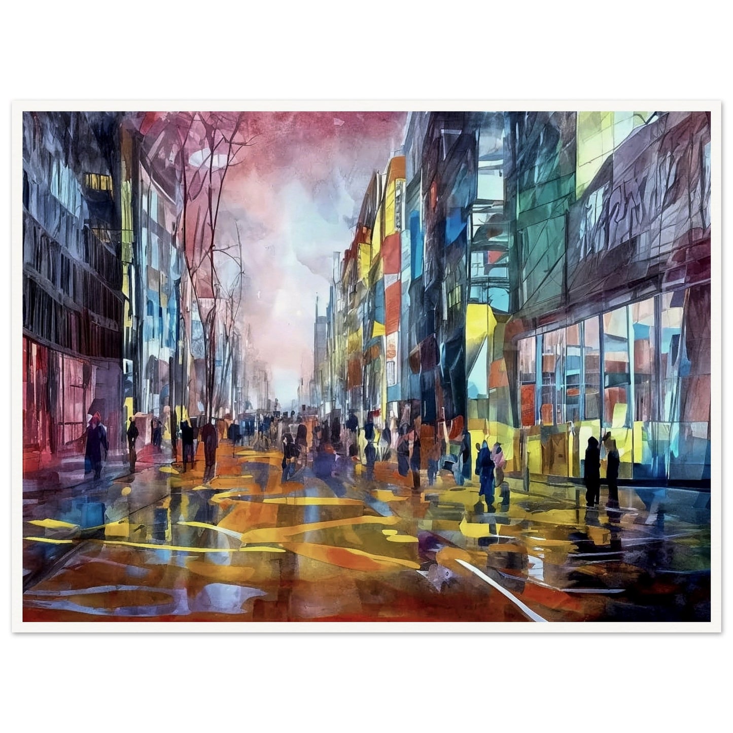 A colorful urban scene depicting people walking down a city street lined with tall buildings, illuminated by vibrant reflections of city lights and set against a dramatic sky.