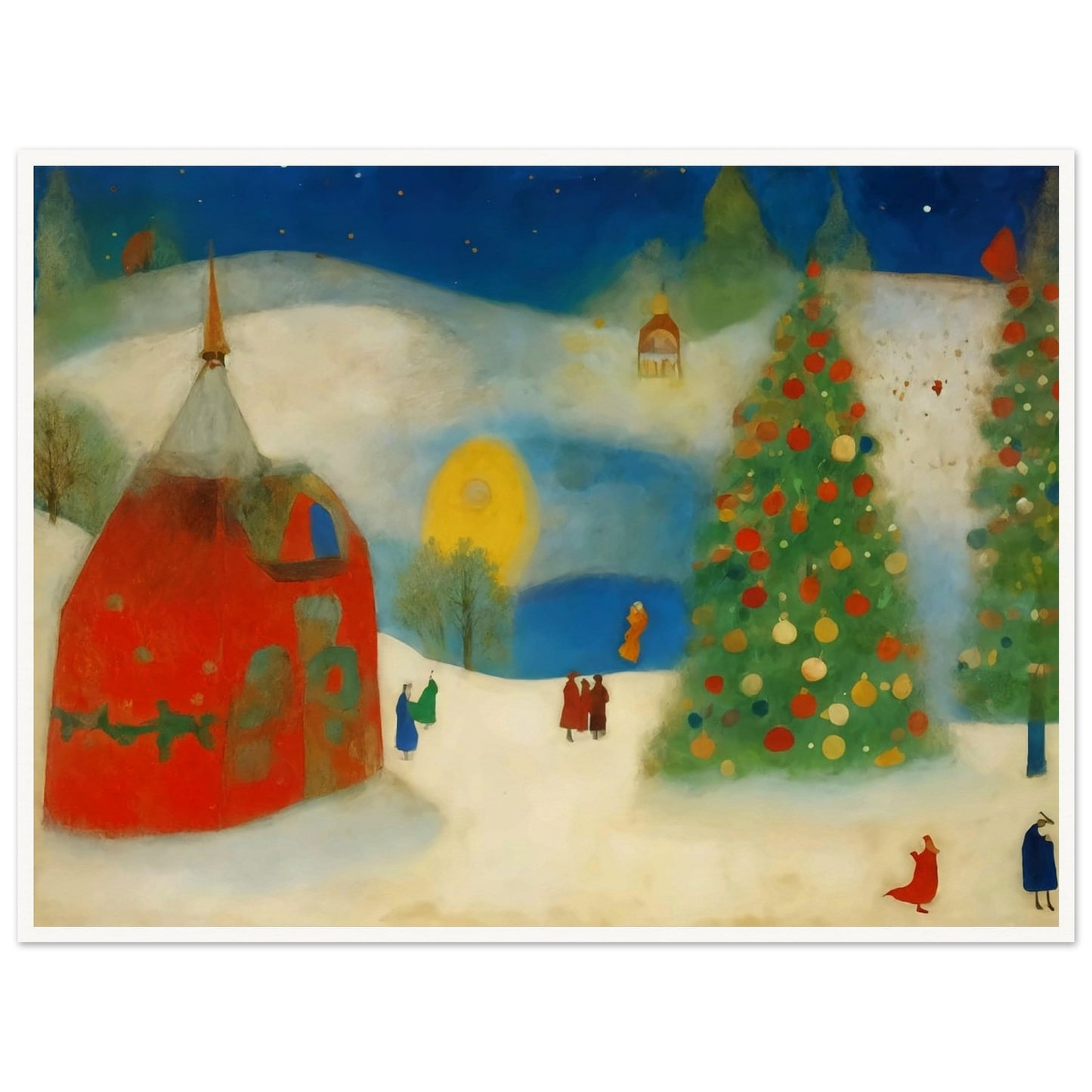 A whimsical winter scene with a large Christmas tree decorated in vibrant ornaments, a cozy red house, and figures strolling through a snowy landscape under a night sky.