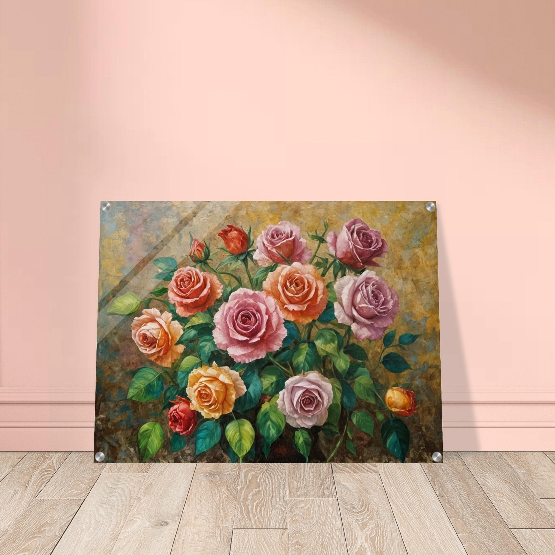 A captivating arrangement of multicolored roses, their petals beautifully layered and surrounded by fresh green foliage.