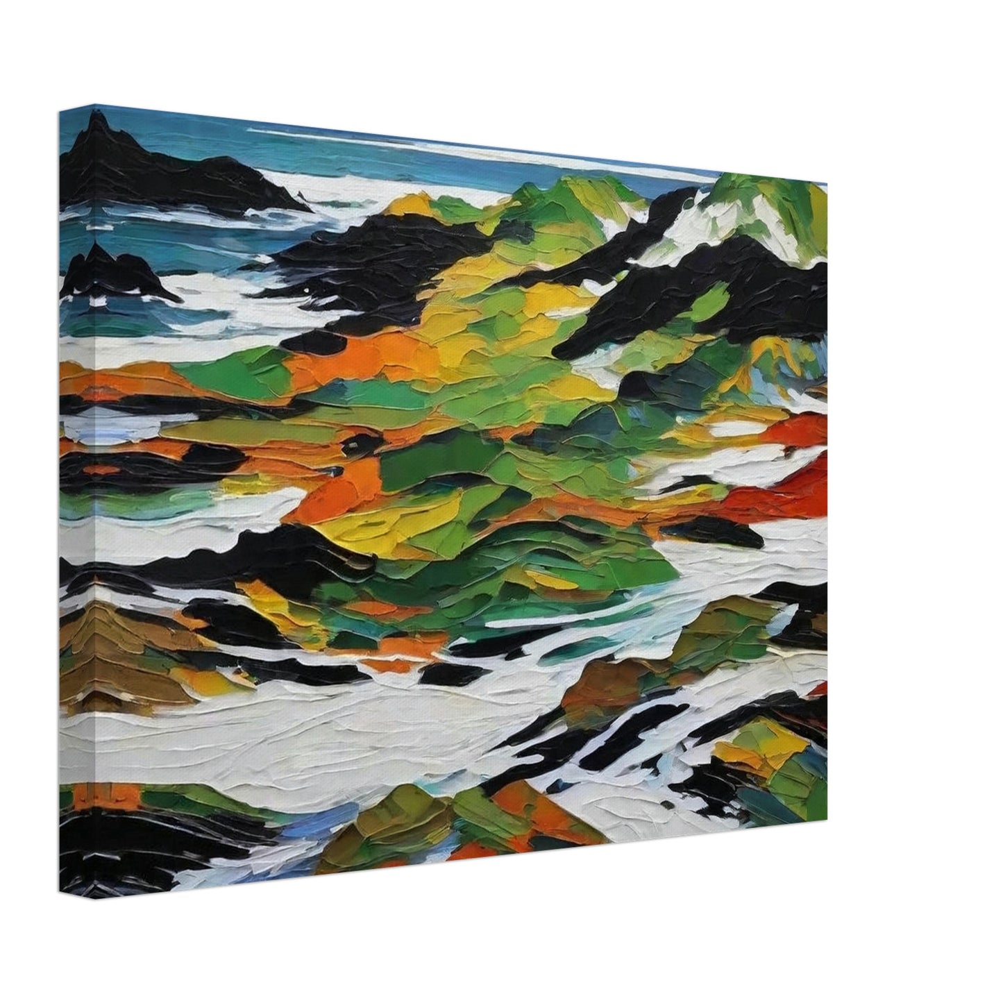 An abstract painting depicting a vibrant coastal landscape. The scene features bold, textured strokes in greens, oranges, yellows, and blacks representing rocky outcrops and vegetation, contrasted with white and blue areas symbolizing the sea and sky.